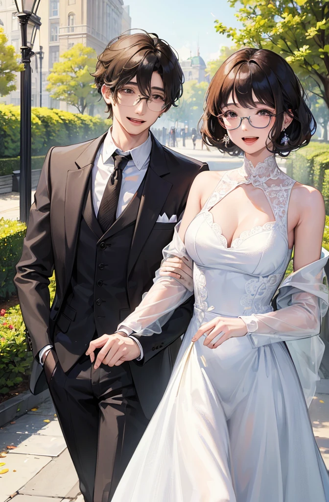 (masterpiece:1.2), high quality, high resolution, a 30-year-old man with his first girlfriend, black curly hair, wearing glasses, suit without a jacket, woman in a white dress, laughing and talking happily in a park, joyful atmosphere, bright lighting, cheerful expressions, detailed, intricate, beautiful lighting, natural background, fun and livel