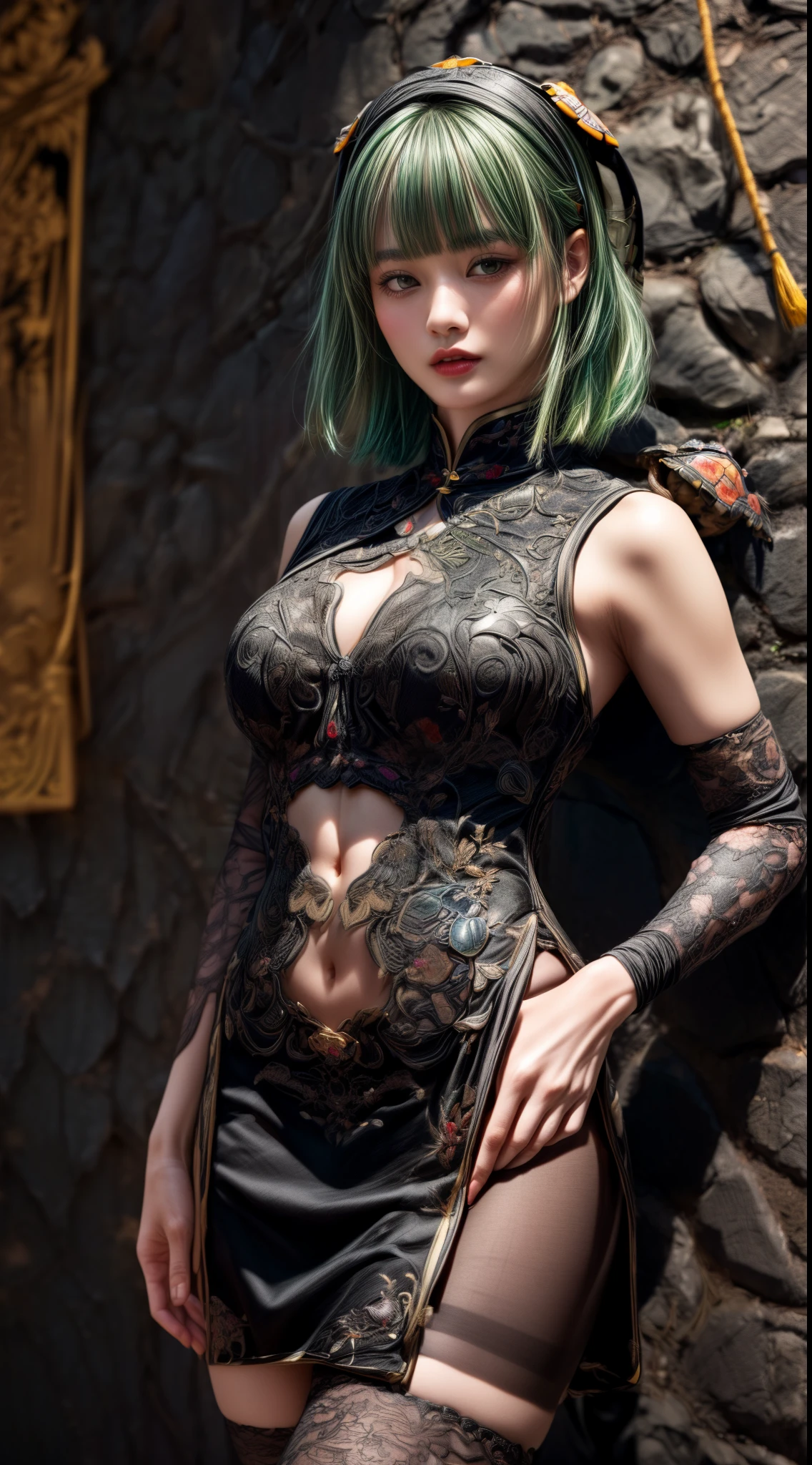 Mature Woman、(Green Hair)、((Black Hair))、(((Two-tone hair)))、((A Chinese dress with intricate embroidery of black turtles))、((((A wall with a picture of a black turtle))))、(((Detailed design)))、Slender women、Cute Woman、 8K Ultra HD,Detailed face、Delicate texture, Long Hair、(((Blunt bangs)))、(thigh length stockings)、mini skirt、Chinese atmosphere、((Delicate photo)),(Girl Astepeace RAW Photo Details:1.25), (highest quality:1.6), (超A high resolution:1.5), (Realistic:1.75), 8K resolution, Canon EOS R5, 50mm, Absurd, Very detailed,Cinema Lighting