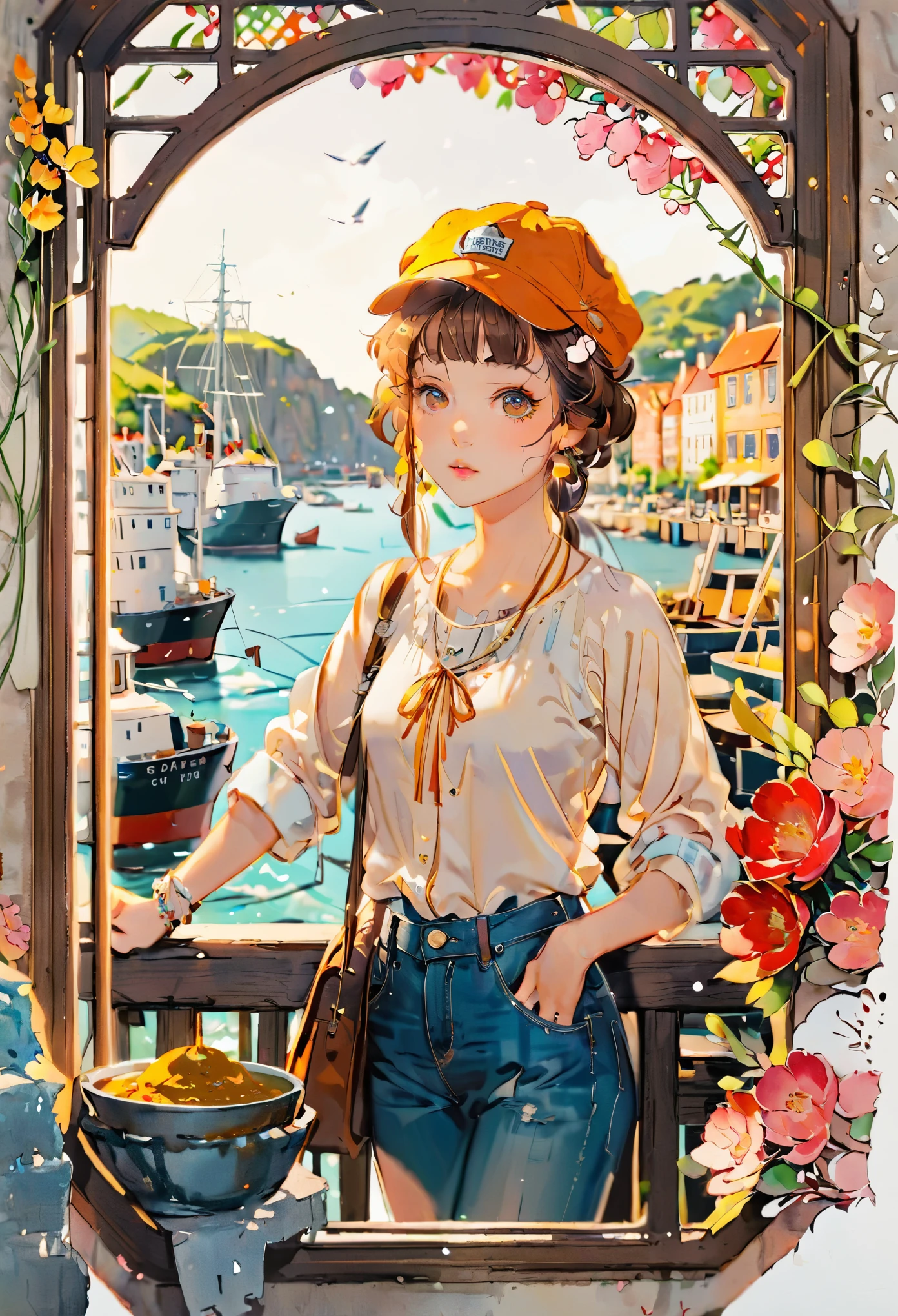(((paper cutting style))), 1 girl, short brown curry hair, cap, shirts and denim, portfolio, harbor and ship