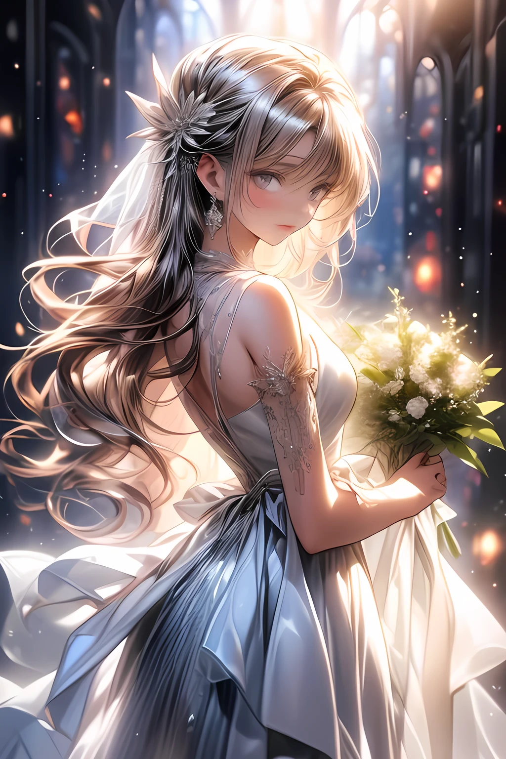 masterpiece: 1.2, highres, highest quality, 16k, beautiful detailed, ultra-realistic, photorealistic: 1.37, beautiful bride with holding roseis bouquet: 1.3, wedding scene at a Church by the Sea, complex and Beautiful Stained Glass, pure white transparent wedding dress (bare shoulders, high slit, short hem front, long him behind), flowing hair, flowing dress, beautiful delicate (bouquet, hair, eyes, pupils, lips, thighs), middle breasts, elegant posing