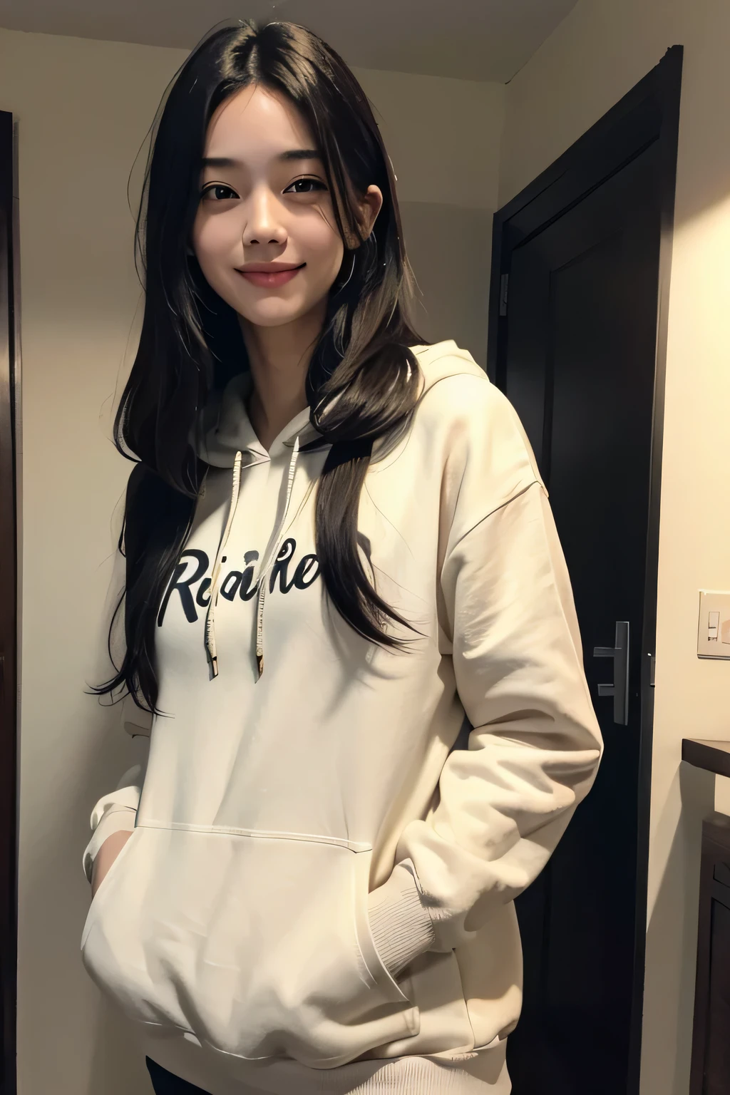 (masterpiece:1.3), (8K, Realistic, Raw photo, highest quality: 1.4), (1 Girl), Beautiful Face, (Realistic Face), (Black Hair,Long Hair), Beautiful Hairstyles, Brown Eyes,Realistic eyes, Detailed and beautiful eyes, (Realistic Skin), Beautiful Skin, (hoodie), Disorganized, Charm, Ultra-high resolution, Surreal, Very detailed, Golden Ratio,smile,Date,A big smile,in motion