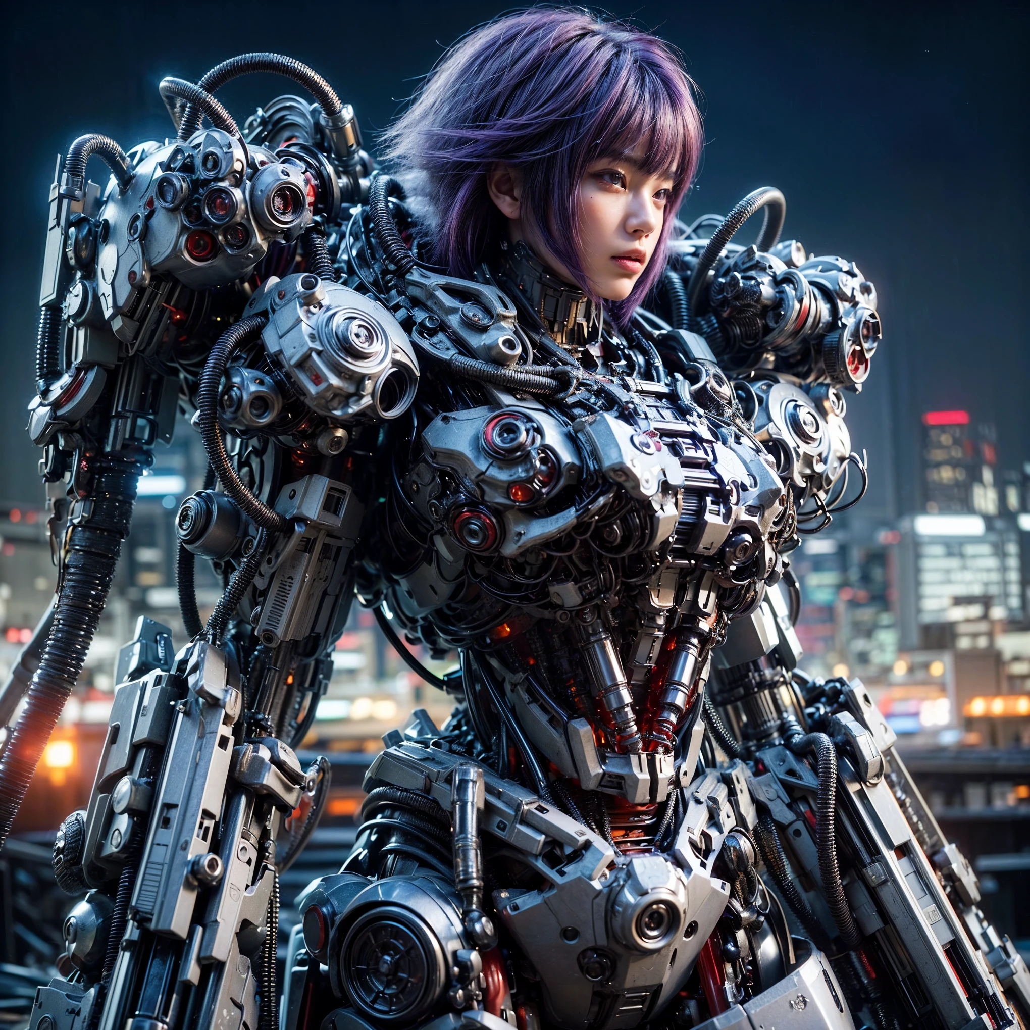 (top-quality:1.2, masterpiece), ultra high resolution, (Photorealsitic:1.4), (crab-base body), 1 Japanese female, extremely realistic face, (purple hair), ((ultimately intricate all details)), (whole body picture), realistic shadow, octan render, glossy textures, character edge light, Details of complex ornaments, dystopia with a beautiful view at night, fighting pose