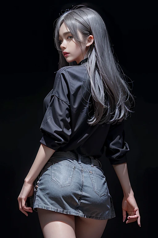 Volumetric lighting、Highly detailed face、One girl、dark、Deep Shadow、Low Key、Cowboy Shot、(Formula Services:1.4)、Hair length、Gray Hair, Looking back, mini skirt, Butt
