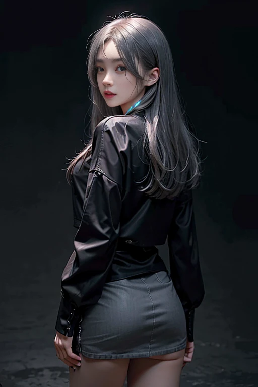 Volumetric lighting、Highly detailed face、One girl、dark、Deep Shadow、Low Key、Cowboy Shot、(Formula Services:1.4)、Hair length、Gray Hair, Looking back, mini skirt, Butt