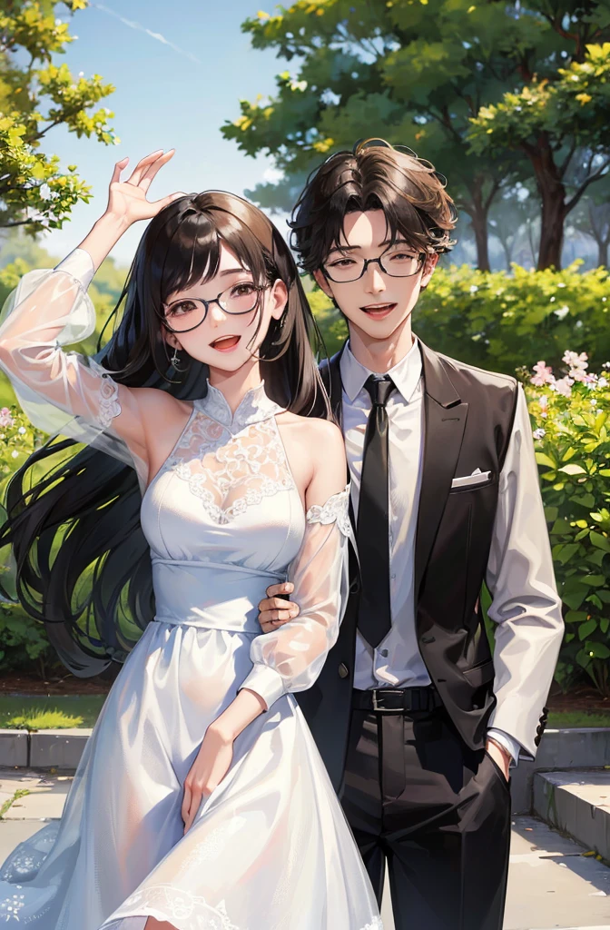 (masterpiece:1.2), high quality, high resolution, a 30-year-old man with his first girlfriend, black curly hair, wearing glasses, suit without a jacket, woman in a white dress, laughing and talking happily in a park, joyful atmosphere, bright lighting, cheerful expressions, detailed, intricate, beautiful lighting, natural background, fun and livel