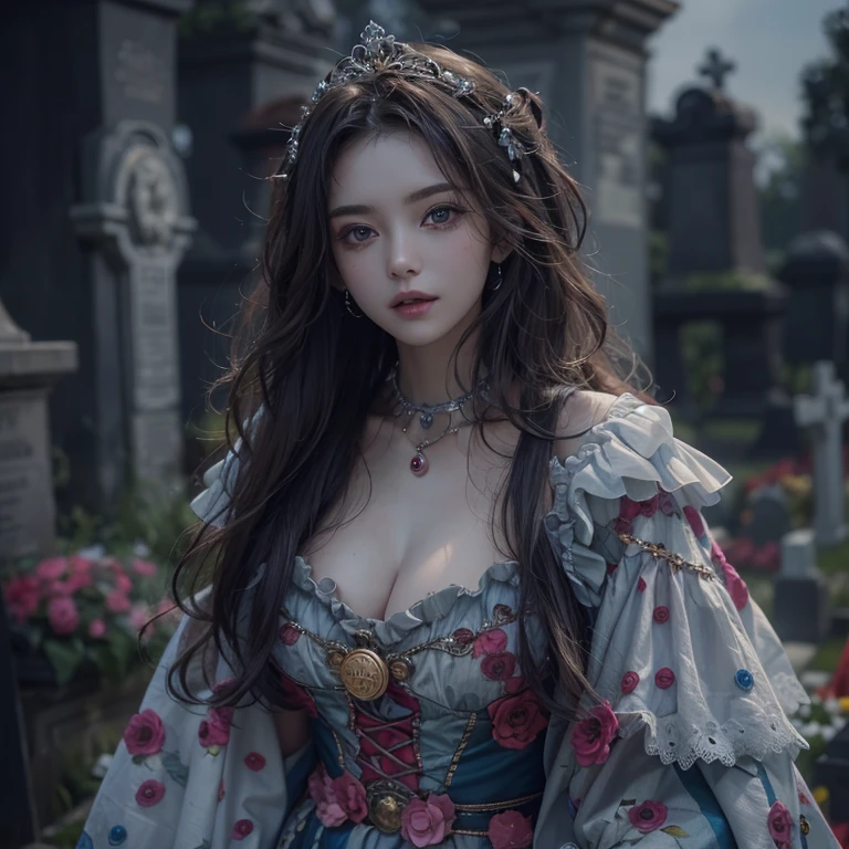 Standing in the grave、Hair flow、 ((highest quality、masterpiece、8k、Best image quality、Ultra-high resolution、Award-winning works)、(Accurate anatomy:1.1)、(Look at me and smile:1.1)、Shining fair skin with Ultra-high resolution、The most detailed face、Ultra-high resolution detailed face、Ultra-high resolutionの髪の毛、(Ultra-high resolution eye:1.1)、Beautiful face drawn in every detail、Cheerful clown costume, Chest to chest, Strange atmosphere, Ghosts flow, Dark Light, At the cemetery, Heavy makeup