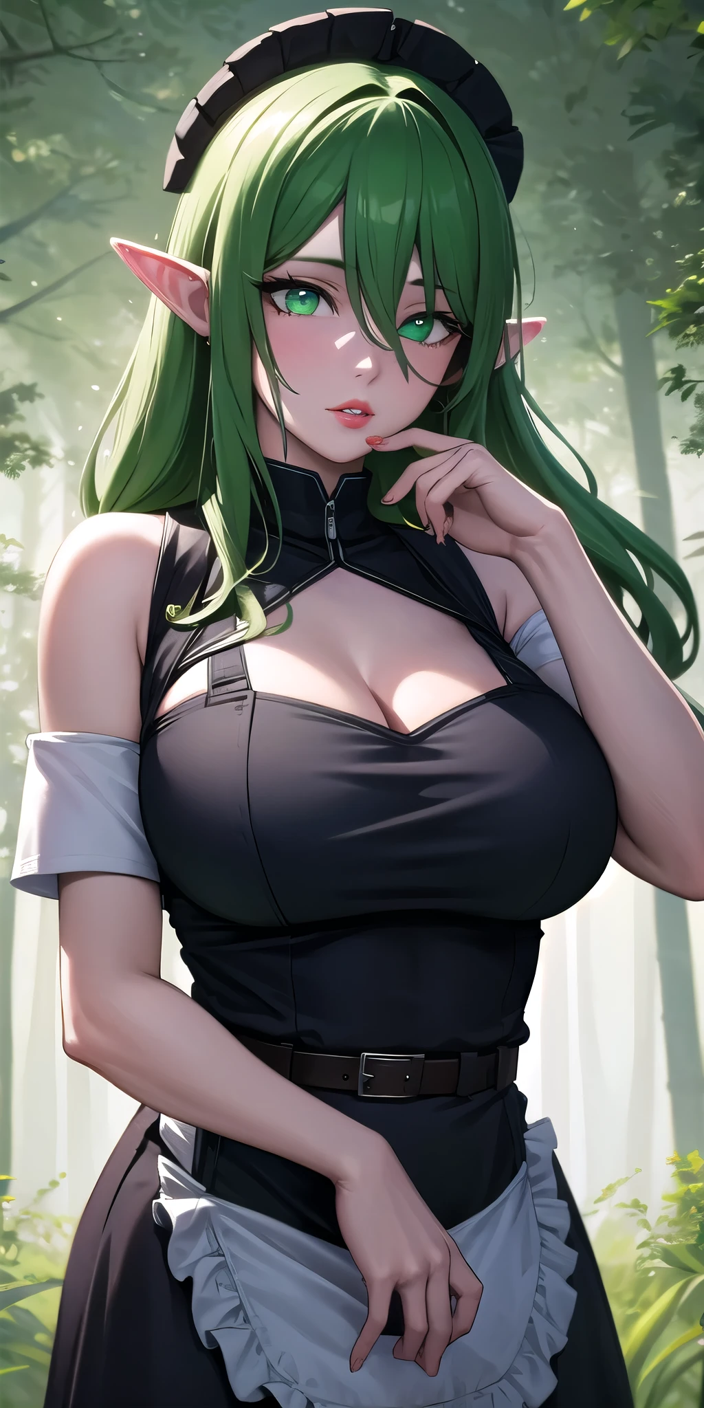 masterpiece:1.5, best quality:1.5, aesthetic, 1girl,cinematic lighting, sharp focus,large breasts , mature female, 16k, glowing eyes, detailed 4k eyes,seduction,sexy lips, parted lips,detailed lips,
red lips, high detailed background,green eyes, ((big  green eyes)), detailed face,
flora_top,forest,tree, sunlight, sun,
elf ears,long hair,green eyes,apron,dress, green hair，hair between eyes,bare shoulders,short sleeves,
﻿