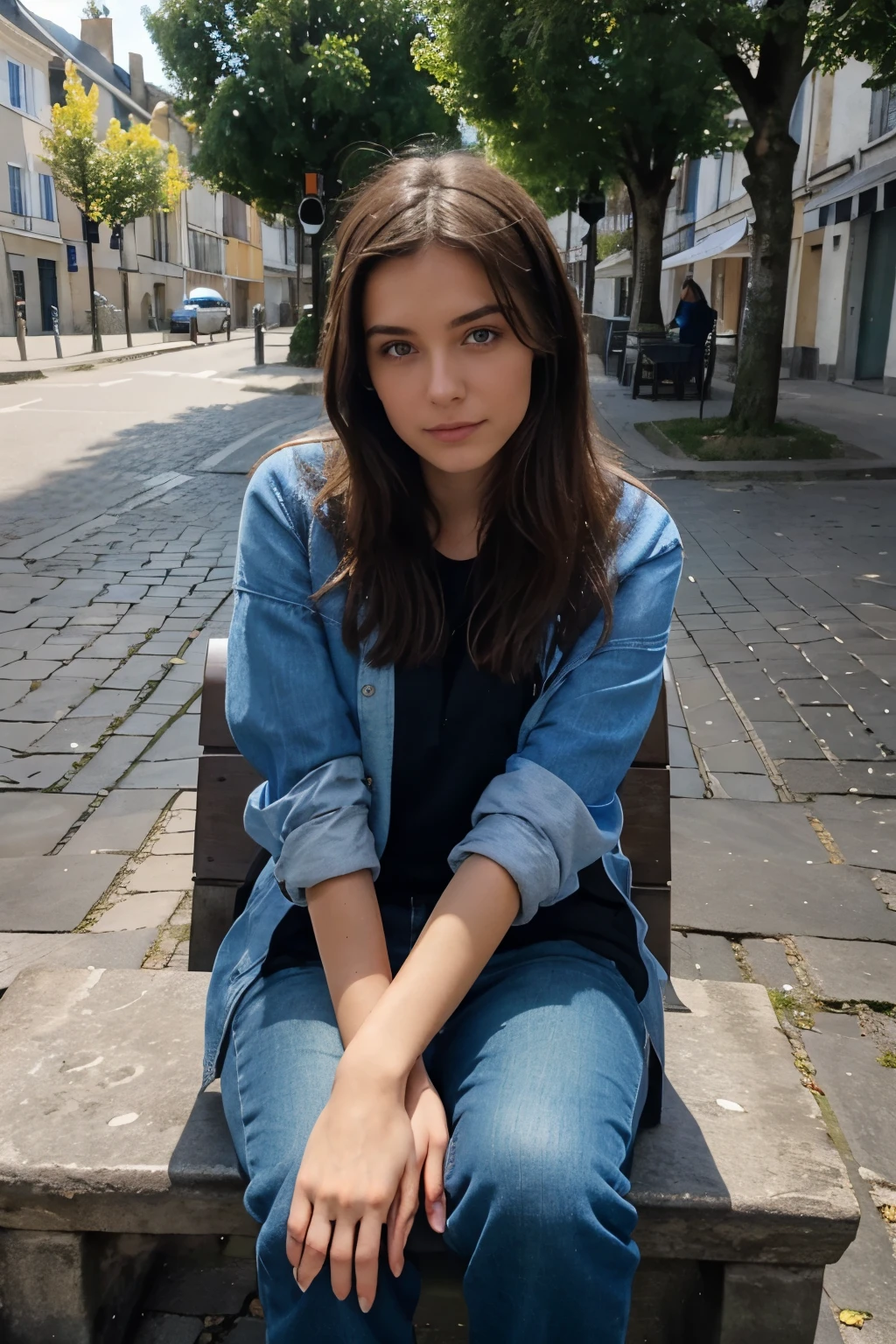 femme brune claire aux yeux bleus assise sur un banc sur une place regardant un arc-en-ciel près d'un lac
