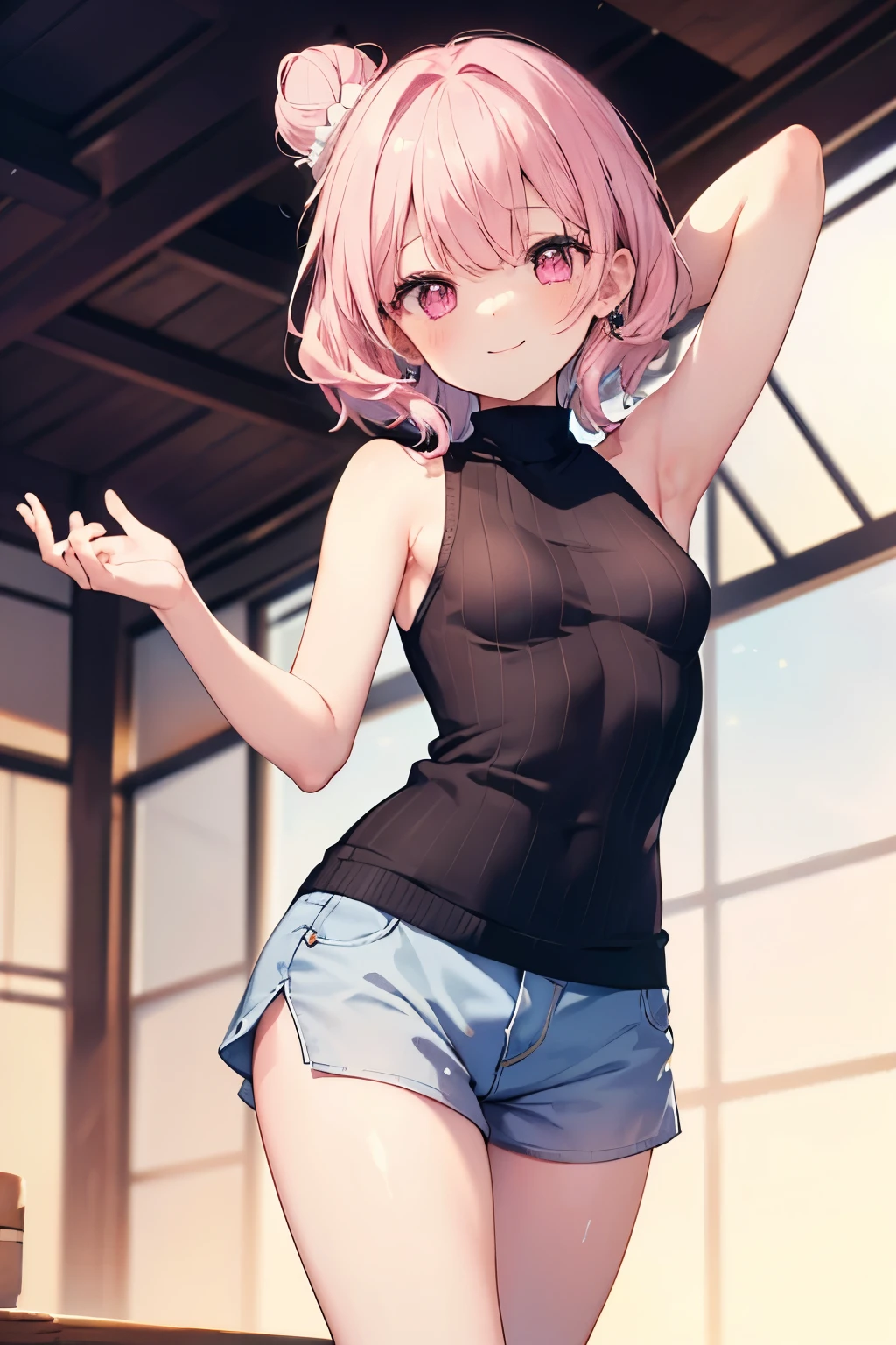 Pink Hair、Pink Eyes、girl、Small breasts、Bun Hair、girl、Small breasts、Lolita、Bright smile、Looks about 15 years old、Petan Musume、short、目のhighlight、Short、Sexy thighs、(length, High neck, Sleeveless sweater:1.3)、Showing armpits、Your eyes are so beautiful、highlight
