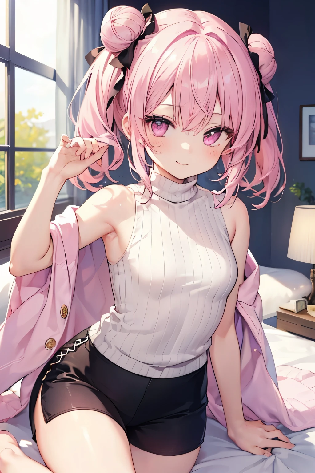 Pink Hair、Pink Eyes、girl、Small breasts、Bun Hair、girl、Small breasts、ta、Bright smile、Looks about 15 yan Musume、short、目のhighlight、Short、Sexy thighs、(length, High neck, Sleeveless sweater:1.3)、Showing armpits、Your eyes are so beautiful、highlight