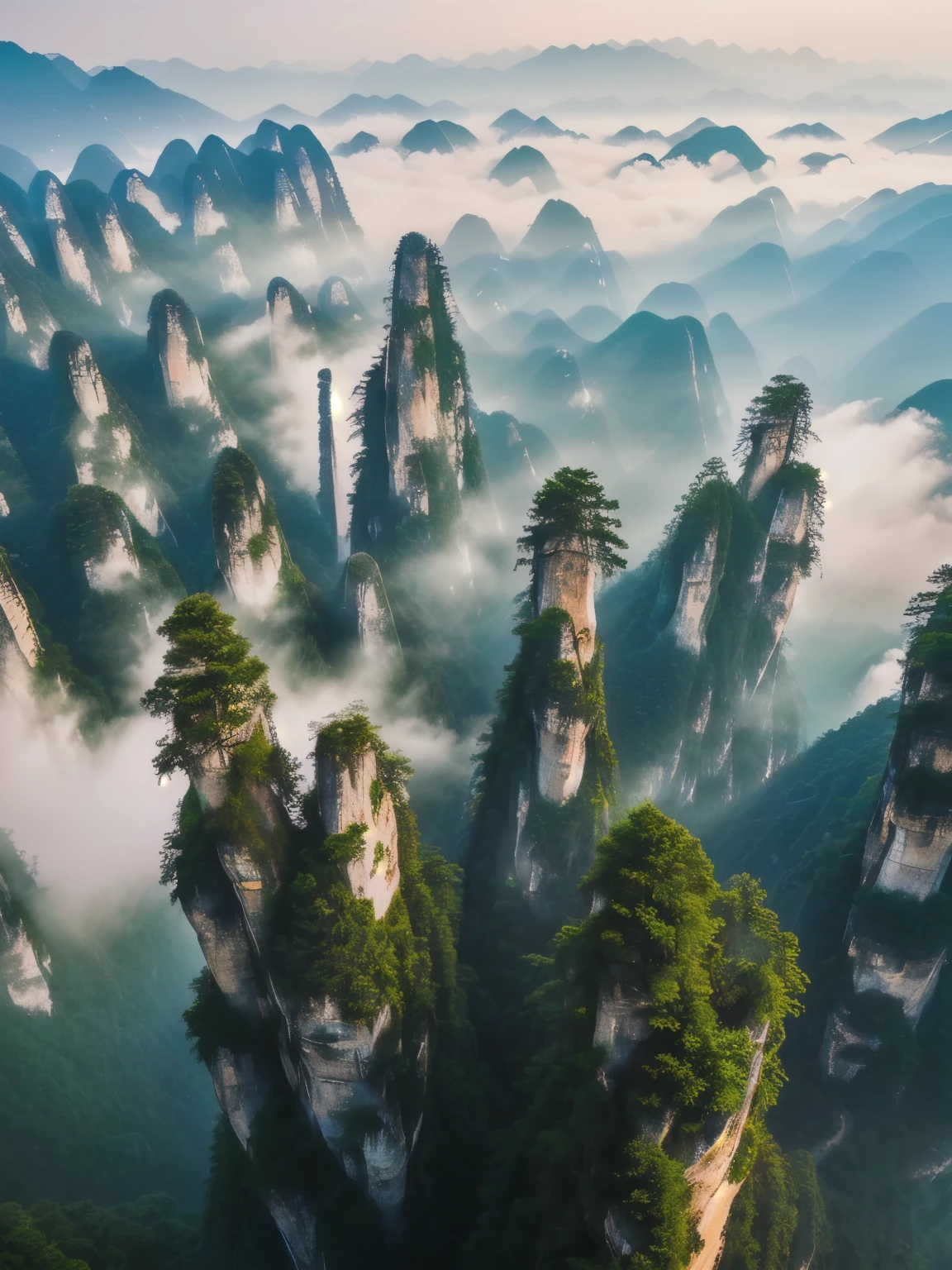 Mountain views,There are several trees at the top of the hill, Floating mountains, Zhangjiajie national forest park, Zhangjiajie in early morning, Zhangjiajie, Chinese scenery, Avatar Landscape, Stunning landscape images, The most magnificent scenery, Composed of trees and fantasy valley, 8K matte, 8K matte