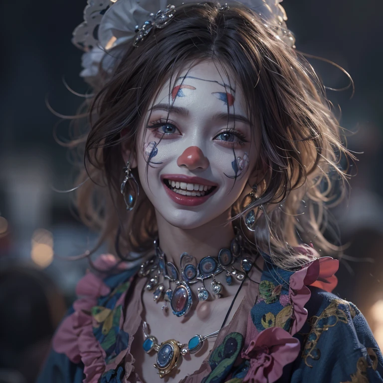 Standing in the grave、Hair flow、 ((highest quality、masterpiece、8k、Best image quality、Ultra-high resolution、Award-winning works)、(Accurate anatomy:1.1)、(Look at me and smile:1.1)、Shining fair skin with Ultra-high resolution、The most detailed face、Ultra-high resolution detailed face、Ultra-high resolutionの髪の毛、(Ultra-high resolution eye:1.1)、Beautiful face drawn in every detail、Cheerful clown costume, Chest to chest,  Strange atmosphere, Ghosts flow, Dark Light, At the cemetery, Heavy makeup 