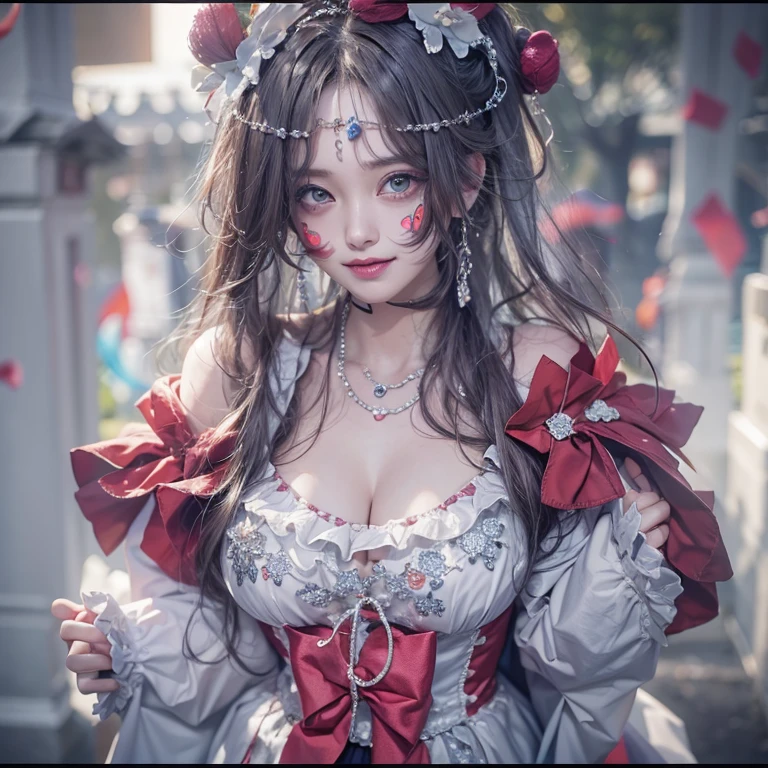 Standing in the grave、Hair flow、 ((highest quality、masterpiece、8k、Best image quality、Ultra-high resolution、Award-winning works)、(Accurate anatomy:1.1)、(Look at me and smile:1.1)、Shining fair skin with Ultra-high resolution、The most detailed face、Ultra-high resolution detailed face、Ultra-high resolutionの髪の毛、(Ultra-high resolution eye:1.1)、Beautiful face drawn in every detail、Cheerful clown costume, Chest to chest, Strange atmosphere, Ghosts flow, Dark Light, At the cemetery, Heavy makeup