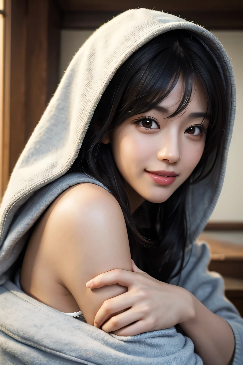 (masterpiece:1.3), (8K, Realistic, Raw photo, highest quality: 1.4), (1 Girl), Beautiful Face, (Realistic Face), (Black Hair,Shortcuts), Beautiful Hairstyles, Brown Eyes,Realistic eyes, Detailed and beautiful eyes, (Realistic Skin), Beautiful Skin, (hoodie), Disorganized, Charm, Ultra-high resolution, Surreal, Very detailed, Golden Ratio,smile,Date,A big smile,in motion