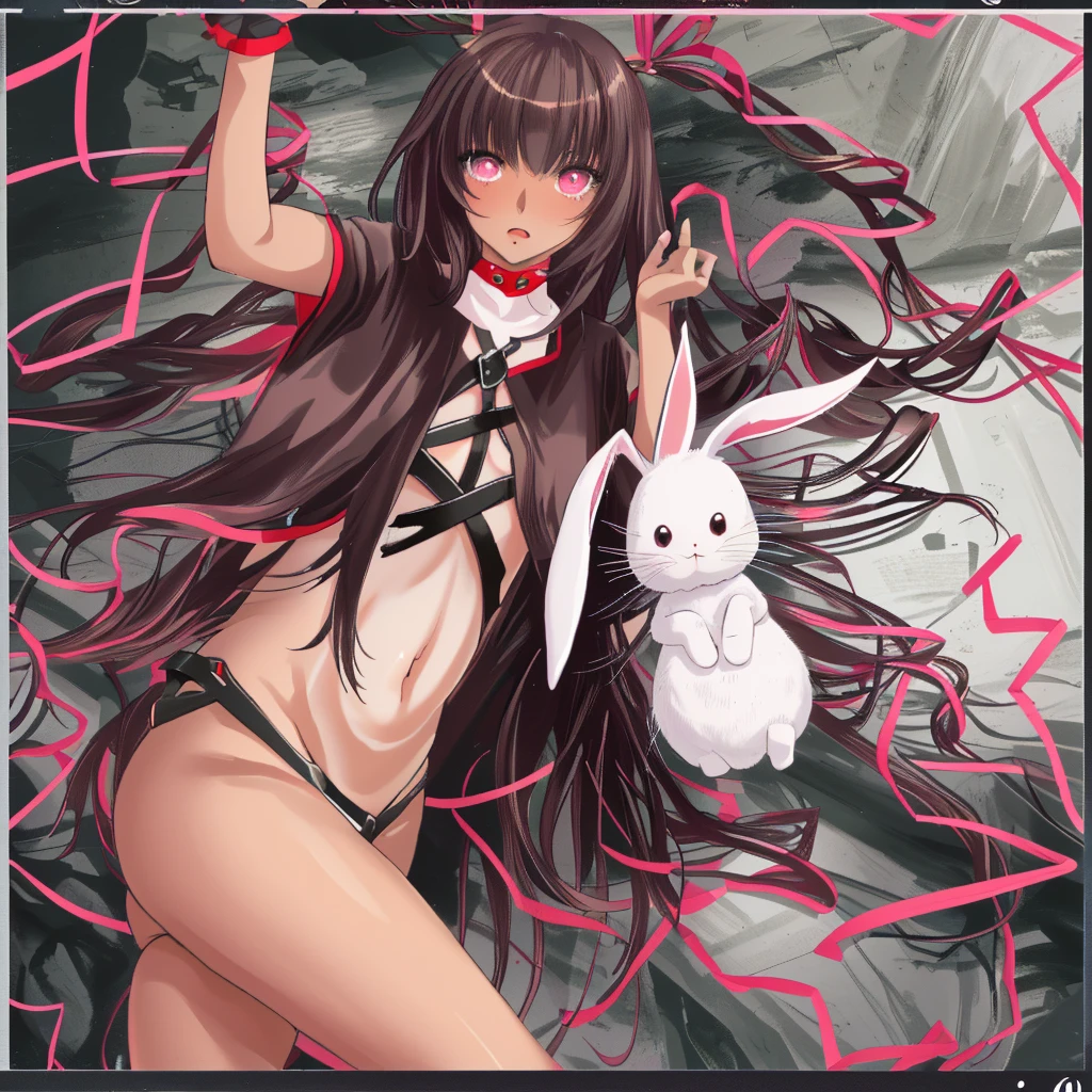 Milf, moderate length brown hair with long messy bangs, ojos rojos y un pechos gigantes, long bunny-themed ribbon in black hair, de espalda, leotardo negro con blanco transparente, cuerpo completo, mostrando el culo al espectador