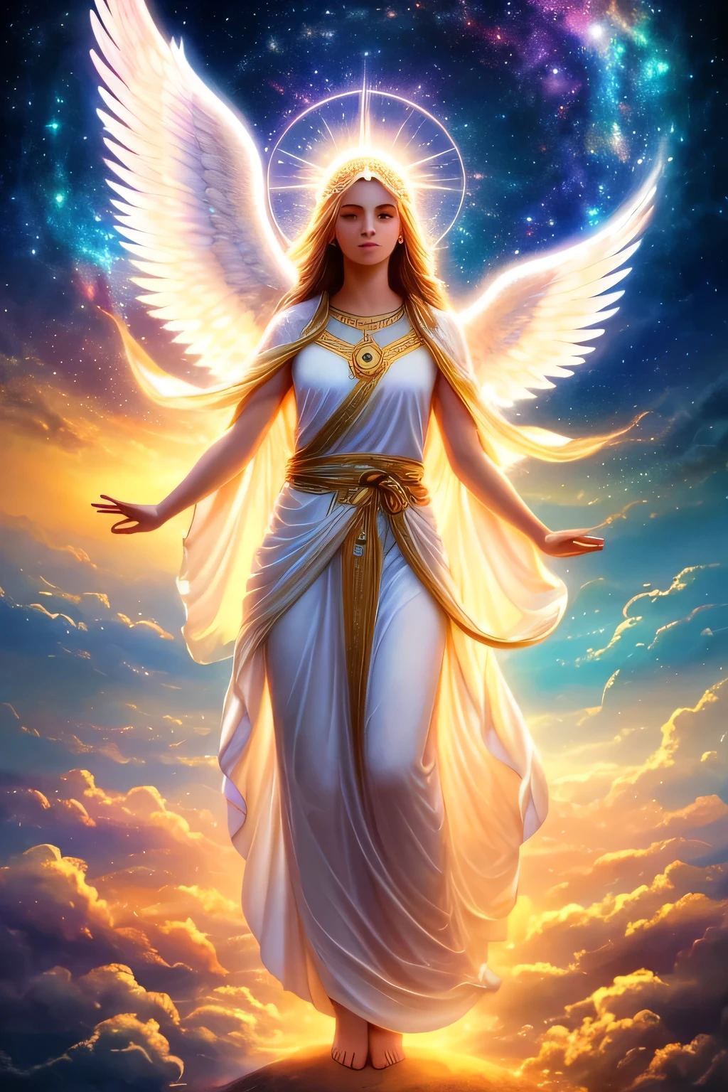 "(best quality,highres),angelic figure,standing,celestial scenery,luminous arms,divine energy,ethereal beauty,serene expression,holy presence,harmonious composition,soft glowing light,heavenly aura,vibrant colors,transcendent atmosphere"