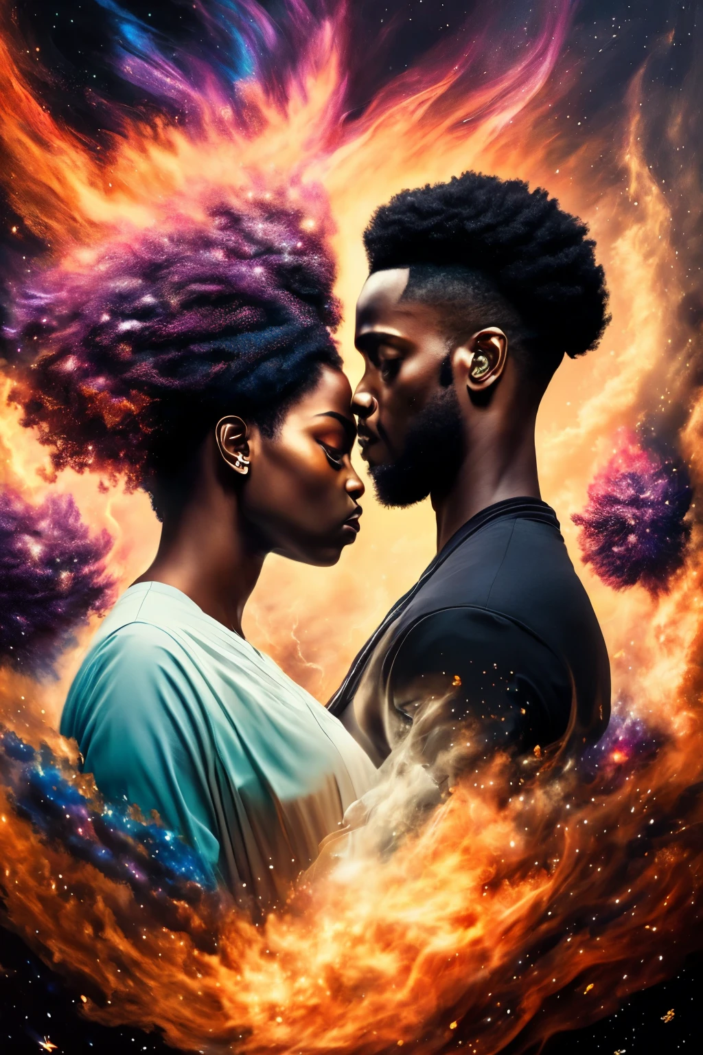A 4D, ethereal masterpiece captures a poignant moment between two subjects, a black man and a black woman. The man is depicted in an explosion of a nebula, blowing smoke from his mouth, while the woman is engulfed within the swirling cosmic clouds. The artist employs an Oil Painting technique with intricate, detailed embroidery, giving life to the turbulent and dynamic scene. The composition follows a 3/4 profile view, with moody chiaroscuro lighting that accentuates the depth and emotions of the subjects, resulting in a high resolution, captivating artwork that mirrors the profound connection between them.