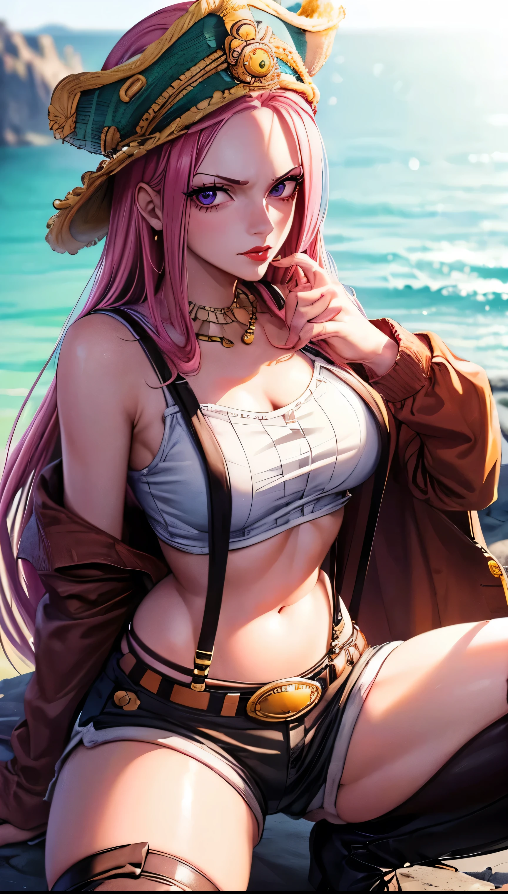 ((top-quality, 8K, masterpiece:1.3)), A detailed eye, (looking at from the front), Look at the camera, ((Everything is sparkling、reflecting light:1.2)), (Best Ratio: 4 fingers, 1 thumb), (portrait), (((Jewelry Bonney from One Piece))), JewelryBonneyV2, half body shot, 1girl, solo, cute asian face, long hair, pink hair, hat, ((slim girl, medium breasts, hyperdetailed lips)), red lips, (thighhighs, shorts, suspenders, boots, purple eyes), navel, midriff, crop top, belt, suspender shorts, complex detailed background, barren land, rocks, ocean, nature environment, squatting ,seiza , spread legs,nervous, blushing,