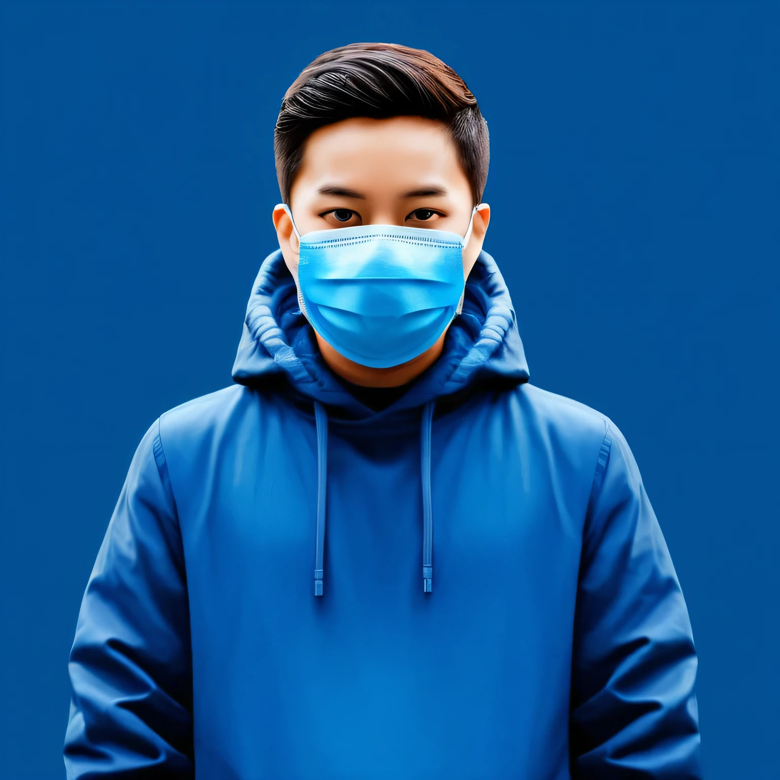 I need an image of a faceless boy realistic image with face mask background in blue color variant, background should show computer and photo frame on the side.