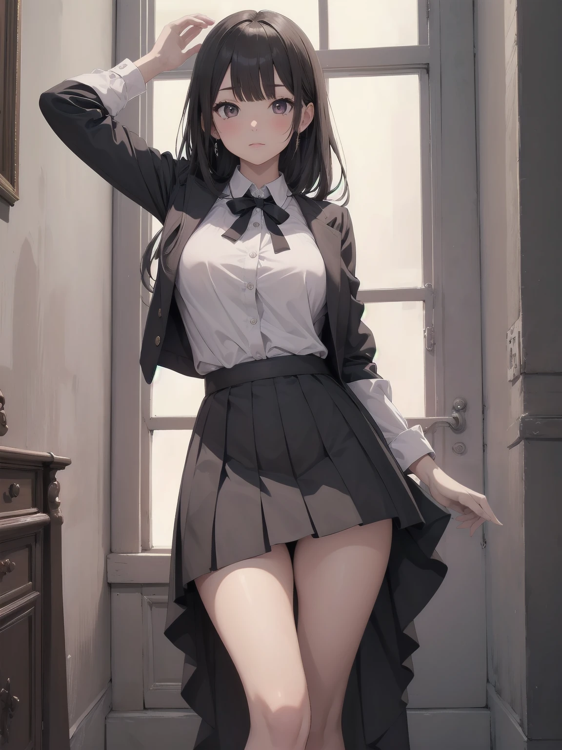 (masterpiece, highest quality:1.2), Cute S, Chibichara, Flip up skirt, Not wearing panties, Showing virgin pussy, Be bold,