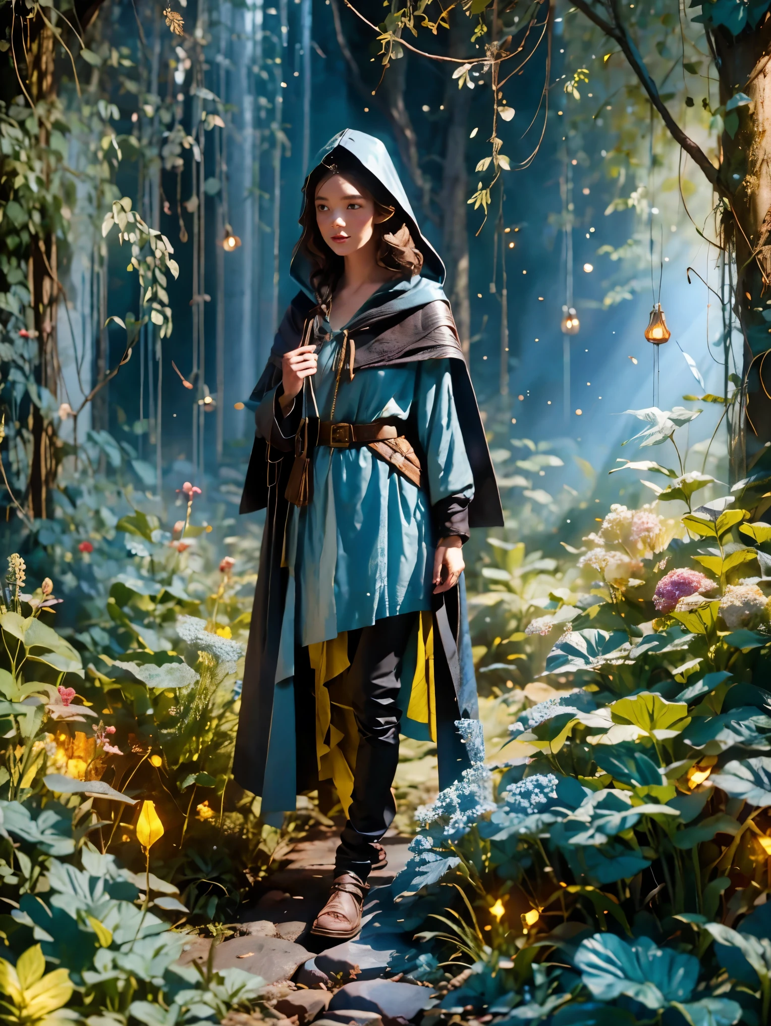 A girl, An experienced Elf Ranger embarks on a long journey of resistance, An elf wearing a leather tunic and a hooded cloak of gleaming platinum silk，Holding Elven Bow, Black Forest, A forest landscape in the background，Beautiful trees, Stream and Fireflies, panoramic, movie lighting, dramatic scene, High quality 3D rendering, fantasy, Pixar 3D character design style