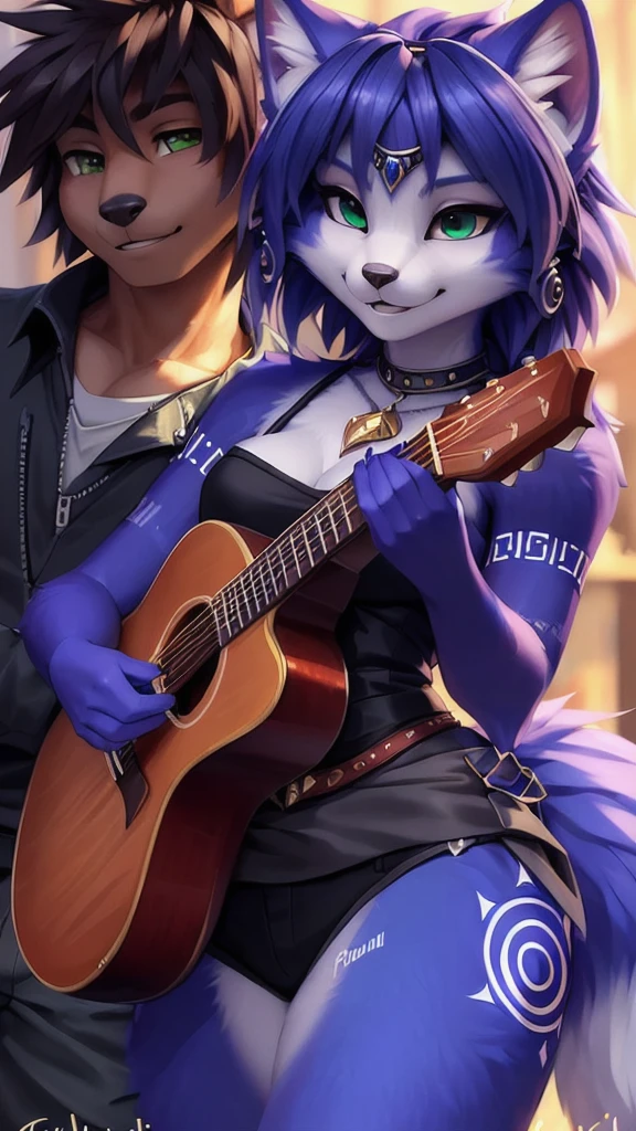 A beautiful and detailed (sweet portrait) von ((Krystal)), Sternenfuchs Krystal, Schlank, liebenswert, green eyes, medium breasts, (((Lange blaue Haare 1.3))), ((schwarze haarspitzen)), Dekollete, Grinsen, hoch schauen,, anthro, Pelzig, Hochgeladen E621, detailed flauschige fur, (von Fluff-Kevlar, Bayard Wu, Personalami, Pino Daeni), detailliertes Gesicht, (flauschige), 1 girl, Allein, wears a Gakuran , befindet sich in einer schule, spielt gitarre