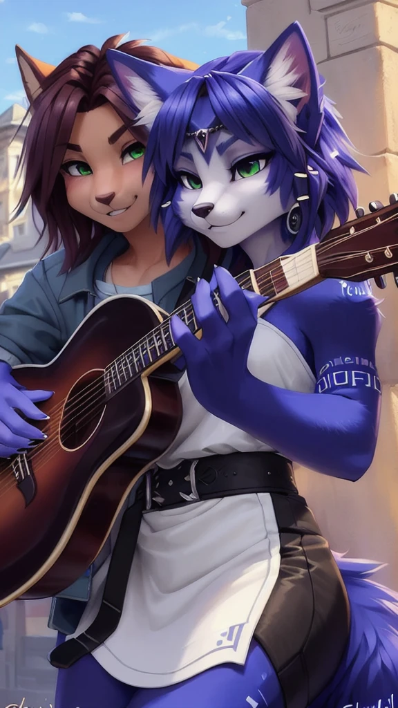 A beautiful and detailed (sweet portrait) von ((Krystal)), Sternenfuchs Krystal, Schlank, liebenswert, green eyes, medium breasts, (((Lange blaue Haare 1.3))), ((schwarze haarspitzen)), Dekollete, Grinsen, hoch schauen,, anthro, Pelzig, Hochgeladen E621, detailed flauschige fur, (von Fluff-Kevlar, Bayard Wu, Personalami, Pino Daeni), detailliertes Gesicht, (flauschige), 1 girl, Allein, wears a Gakuran , befindet sich in einer schule, spielt gitarre