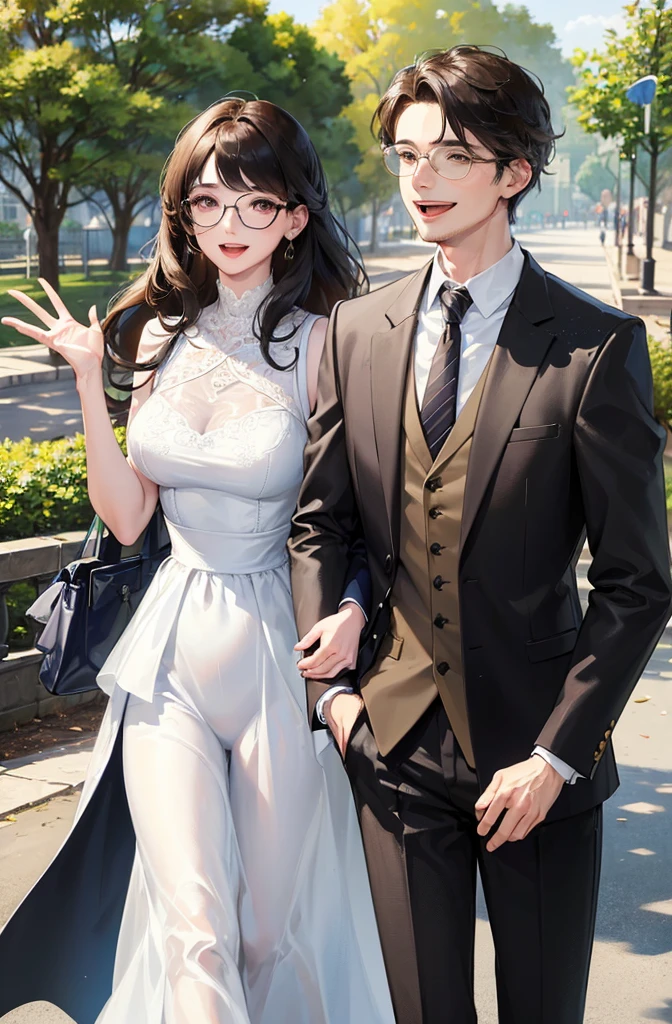 (masterpiece:1.2), high quality, high resolution, a 30-year-old man with his first girlfriend, black curly hair, wearing glasses, suit without a jacket, woman in a white dress, laughing and talking happily in a park, joyful atmosphere, bright lighting, cheerful expressions, detailed, intricate, beautiful lighting, natural background, fun and livel