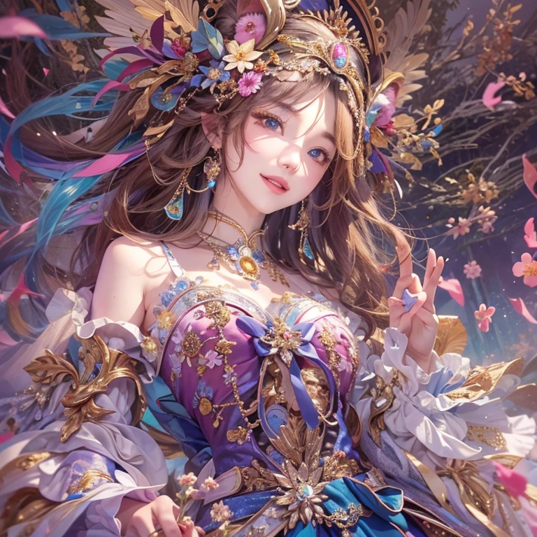 Hiding in the castle、Hair flow、 ((highest quality、masterpiece、8k、Best image quality、Ultra-high resolution、Award-winning works)、(Accurate anatomy:1.1)、(Look at me and smile:1.1)、Shining fair skin with Ultra-high resolution、The most detailed face、Ultra-high resolution detailed face、Ultra-high resolutionの髪の毛、(Ultra-high resolutionの煌めく瞳:1.1)、Beautiful face drawn in every detail、Colorful costumes, Chest to chest, Masquerade、Dancing in a Venetian mask