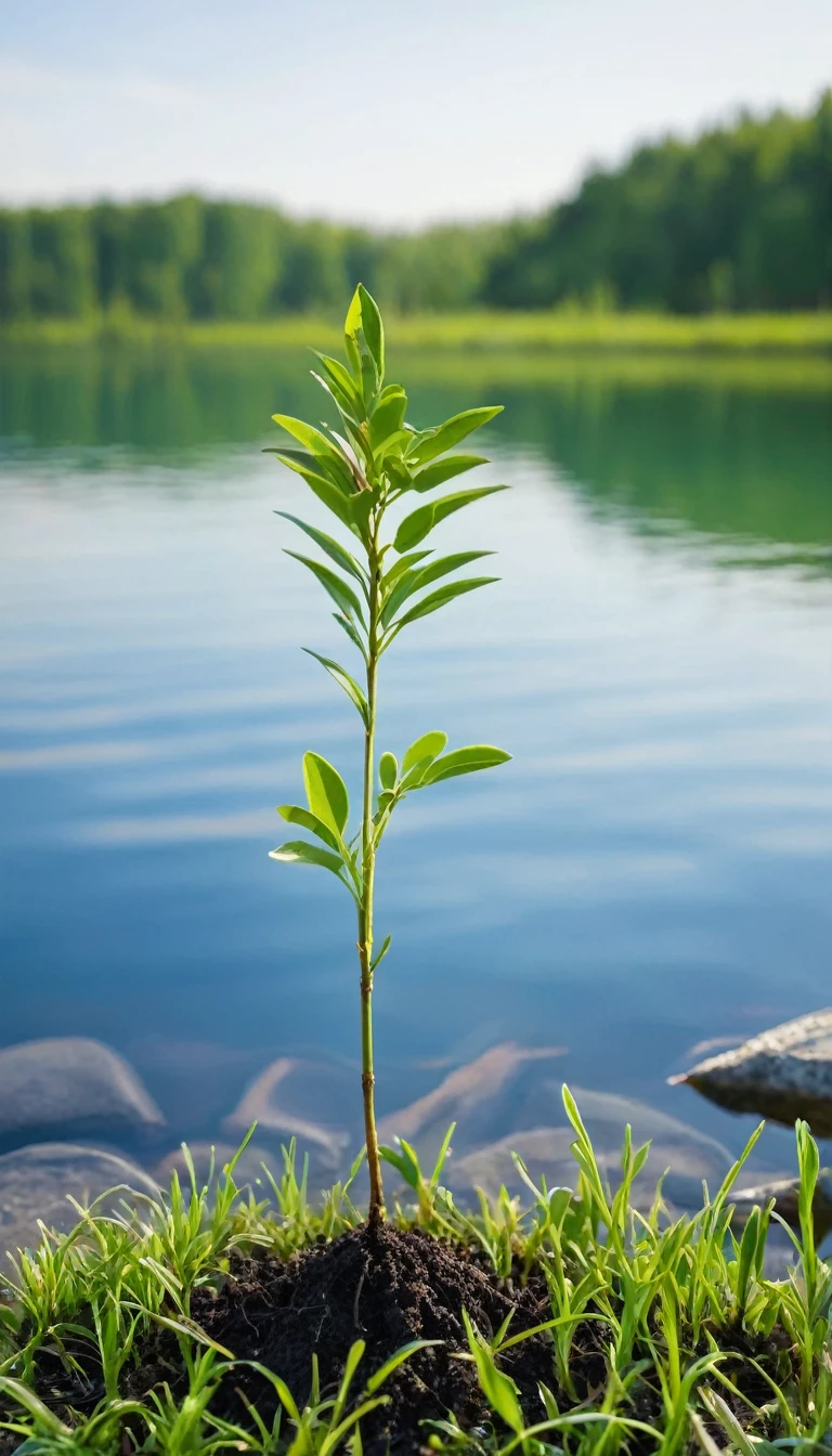 A sapling sprouted out of the grass by the lake.