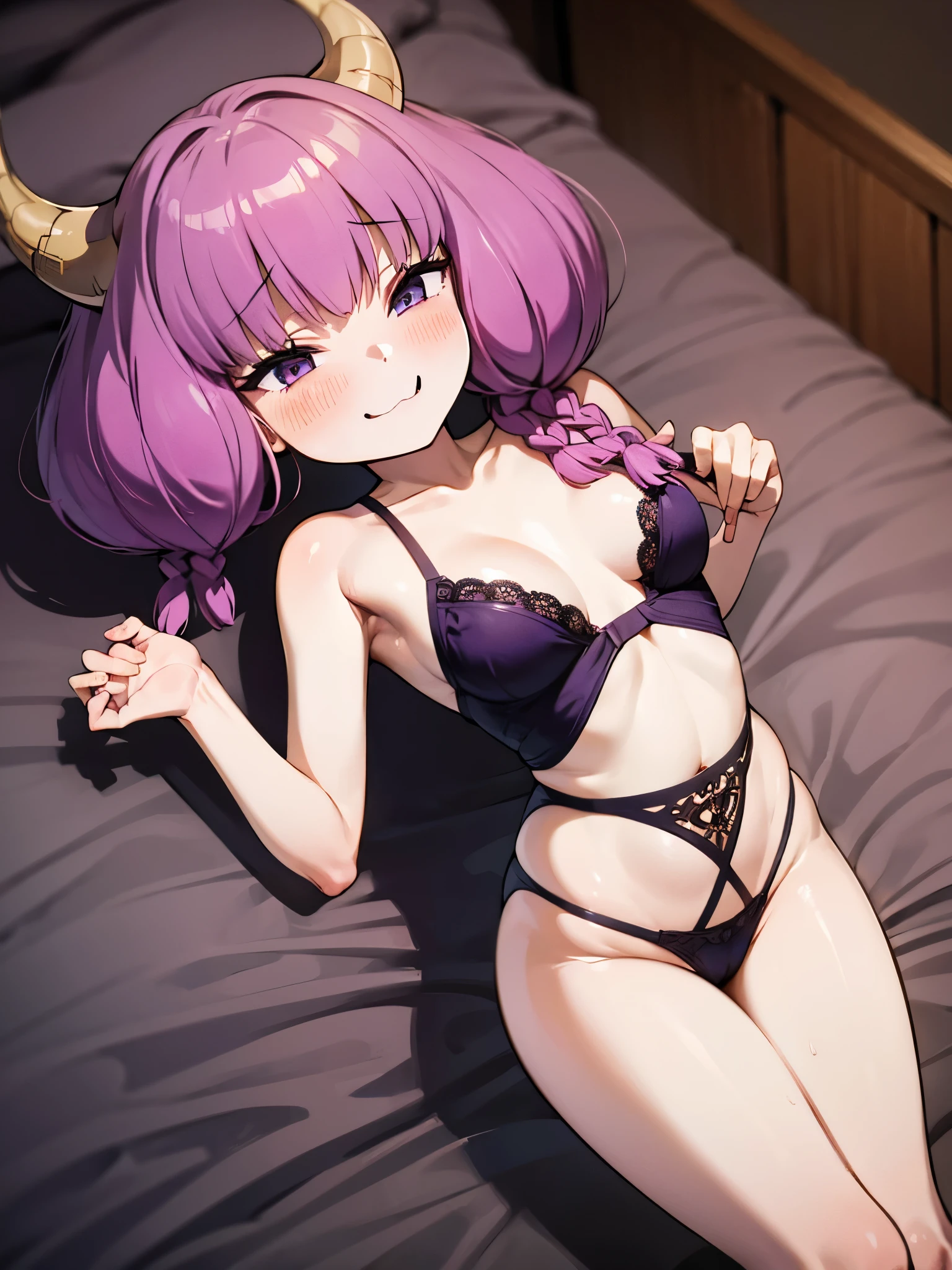 NSFW,1 girl,guillotine aura、Long Hair、（Purple Eyes：1.1）、Purple Hair、Braid、horn、ツインBraid,High-quality lingerie,(Perfect hands),(Perfect Anatomy),(masterpiece),(highest quality),Embarrassed,blush,Bedroom