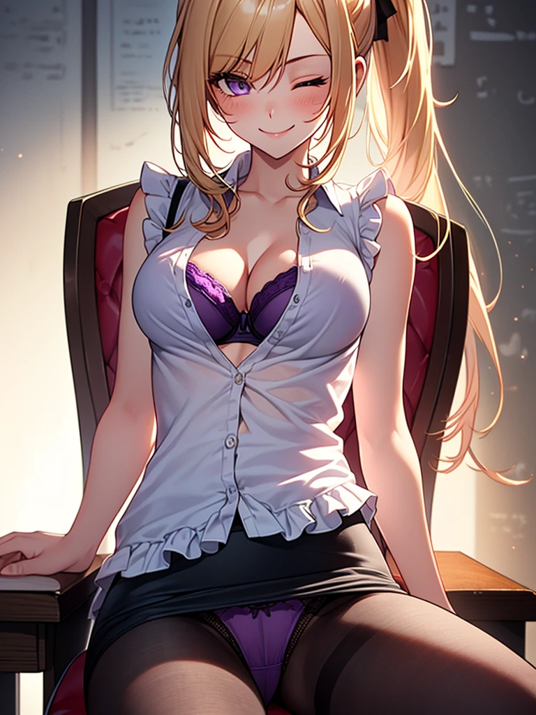 (highest quality, High resolution, perfect pixel, Depth of bounds written, 4K), upper body, (chair), (desk), (looking down), (detailed eyes), (1 lady), tall, (skinny body:1.2), (thin thighs:1.2), (Narrow hips:1.2), (teacher:1.2), (white sleeveless frilled shirt:1.3), (cleavage), (purple bra), middle breasts, blond hair, (ponytail:1.2), (black pencil skirt1.2), (high waist), (side slit), (purple panties under pantyhose:1.2), (reclining), (knees up:1.2), (hand between legs:1.2), (seductive smile), one eye closed, 