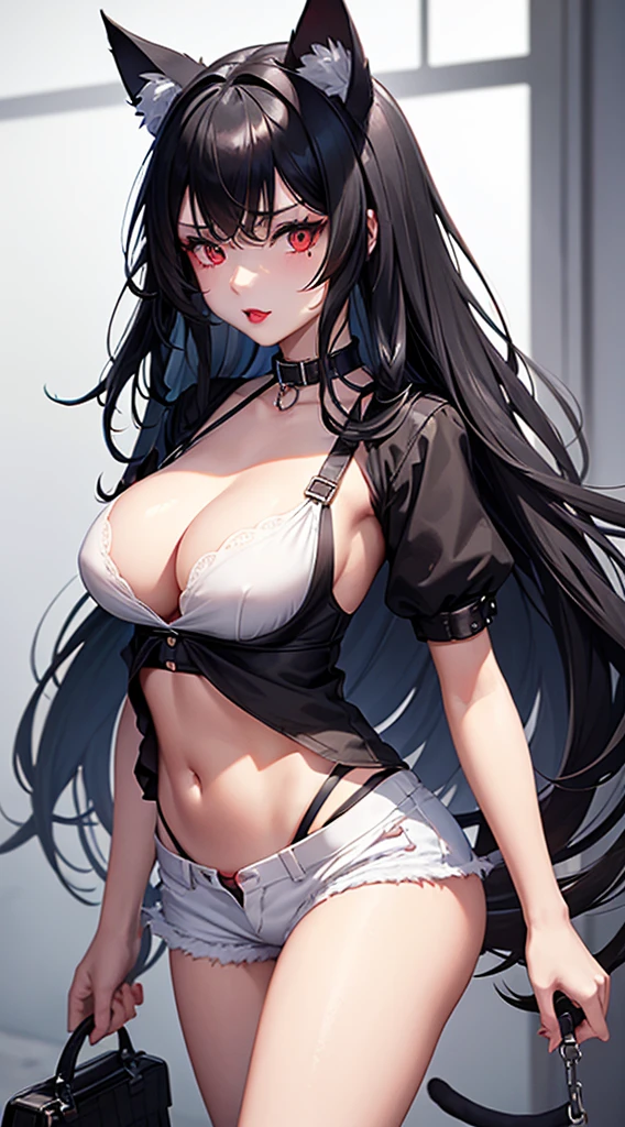 Detailed facial details，1 girl、Cat ear，Black long hair, Charming red eyes, Radiant Skin，red lips，Ripped white bra，Ragged shorts，White socks，Slim，Large Breasts，Facial details are very detailed, handcuffs，Collar，execution ground，Desolate place outside a town