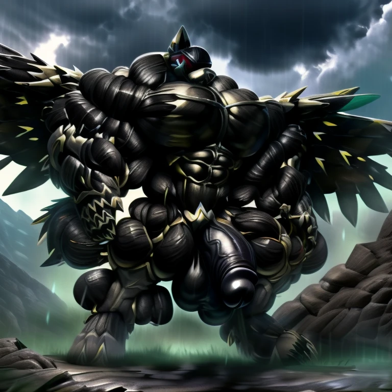 LUCARIO, (gigantic muscles), 8K, Masterpiece, highres, future fiction. Detailed head, Detailed Body, full body, Detailed abs, wearing crNanosuit, big muscle (pecs, triceps, traps) unusually developed muscular body, body full of huge muscles. showing off muscles, pectorales enormes. Exaggeratedly huge muscles. Gigachad Muscular, gigantic muscles, Colossal giant NANOSUIT over a battlefield,
The claws are sharp,
Sharp teeth,
Spread wings, have big wings.
nj5furry, Animal paws, thunderstorm, rainy weather, lightning, big penis (black color), long legs, medieval armor