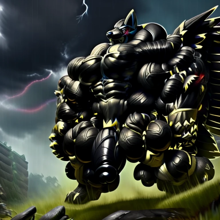 LUCARIO, (gigantic muscles), 8K, Masterpiece, highres, future fiction. Detailed head, Detailed Body, full body, Detailed abs, wearing crNanosuit, big muscle (pecs, triceps, traps) unusually developed muscular body, body full of huge muscles. showing off muscles, pectorales enormes. Exaggeratedly huge muscles. Gigachad Muscular, gigantic muscles, Colossal giant NANOSUIT over a battlefield,
The claws are sharp,
Sharp teeth,
Spread wings, have big wings.
nj5furry, Animal paws, thunderstorm, rainy weather, lightning, big penis (black color), long legs, medieval armor