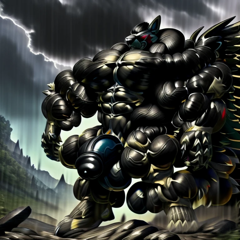 LUCARIO, (gigantic muscles), 8K, Masterpiece, highres, future fiction. Detailed head, Detailed Body, full body, Detailed abs, wearing crNanosuit, big muscle (pecs, triceps, traps) unusually developed muscular body, body full of huge muscles. showing off muscles, pectorales enormes. Exaggeratedly huge muscles. Gigachad Muscular, gigantic muscles, Colossal giant NANOSUIT over a battlefield,
The claws are sharp,
Sharp teeth,
Spread wings, have big wings.
nj5furry, Animal paws, thunderstorm, rainy weather, lightning, big penis (black color), long legs, medieval armor