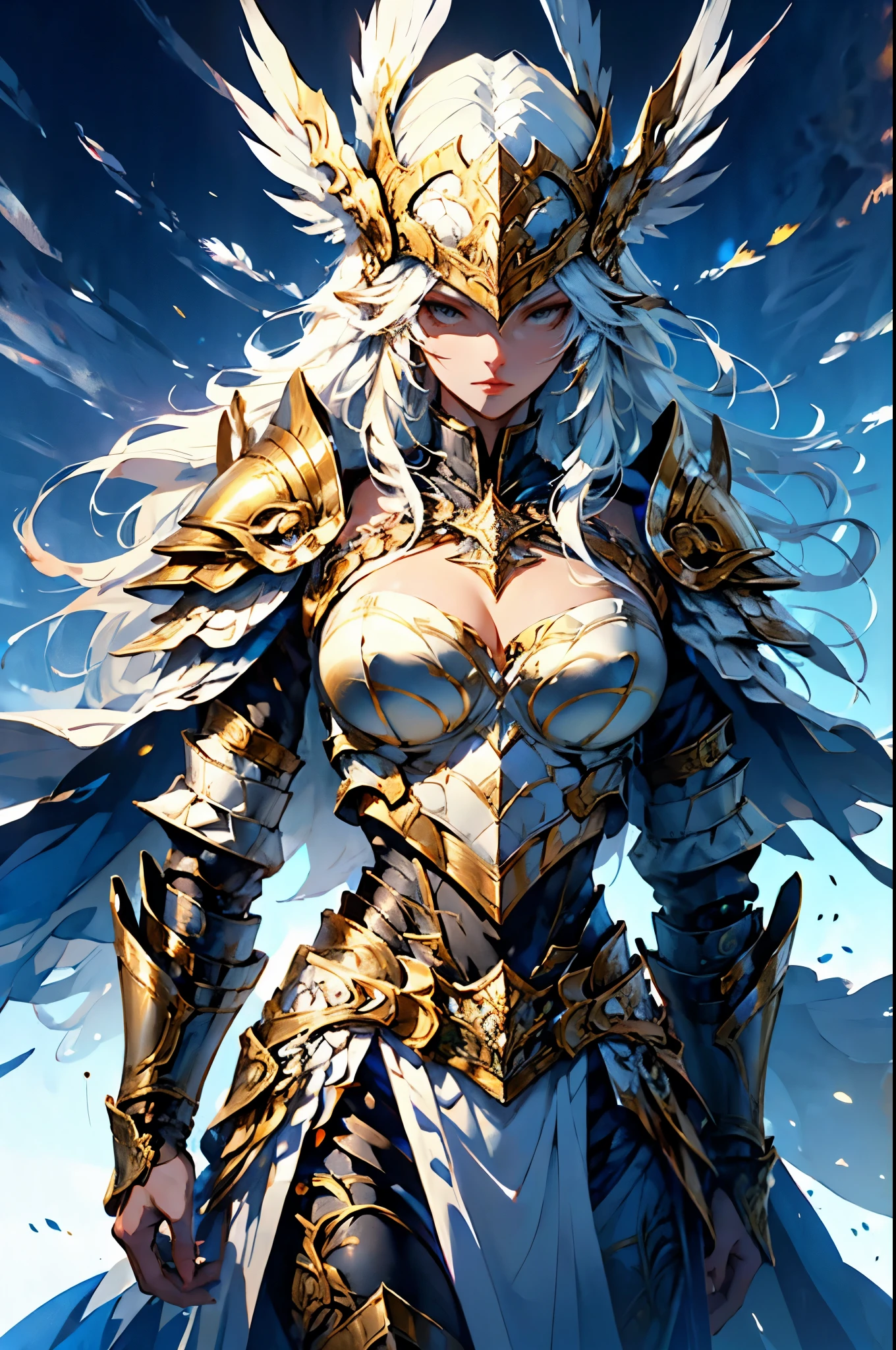 Close-up of woman in blue armor, animation art by Yoshinari Jia, detailed fantasy art, stunning character art, magnificent and elaborate character art, beautiful armor, highly detailed art garm, detailed animation art, (background is old castle), upper body in armor, white skirt on lower body, feathered helmet, (blue armor with gold decorations), (armor completely covers décolleté), neutral expression, very long beautiful silver hair, feathered helmet covering front of head