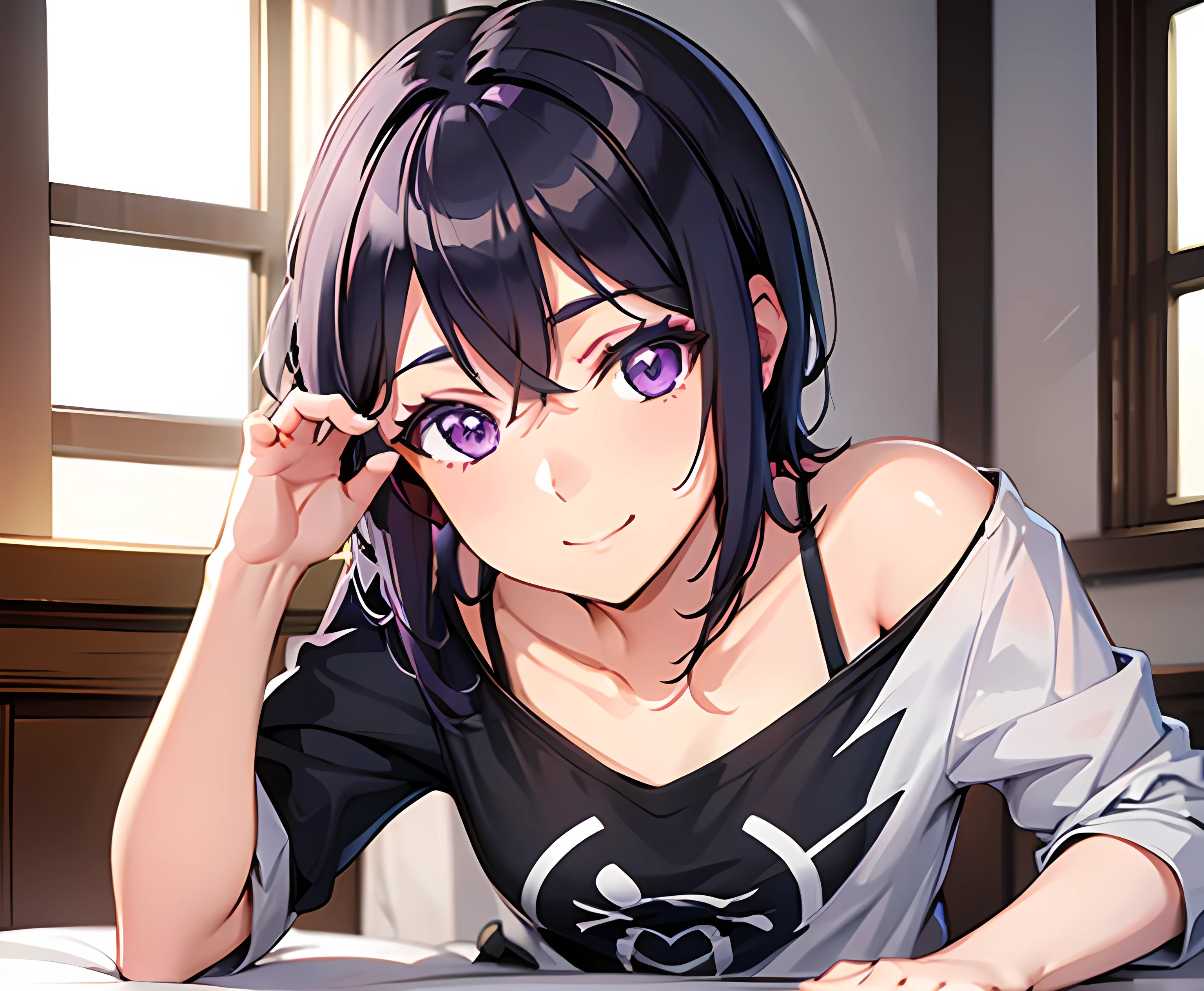 Masterpiece, 4k, looking at viewer, ultrasharp, high res, 1 girl, purple eyes, black hair, short hair, casual clothing, small smile, average height, bedroom, sitting down