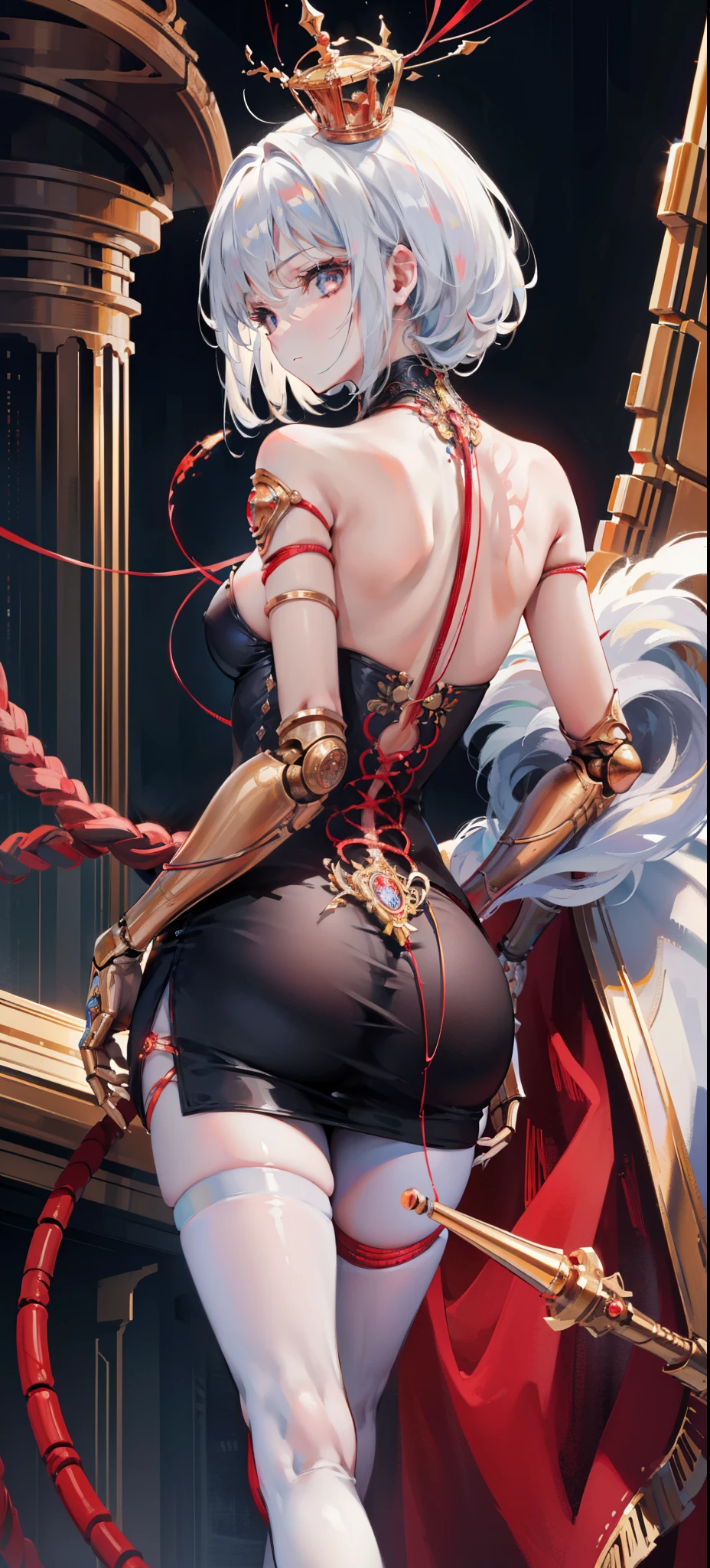 (masterpiece, Top quality, best quality, Official Art, beautiful and aesthetic:1.2), (1 Girl:1.3), Extremely detailed,rich and colorful,The most detailed ((Extremely detailed)), (Highly detailed CG illustrations), ((Extremely delicate and beautiful)),(from the side),light,((1机械女孩)),Solitary,whole body,(machine made joints:1.2),((Mechanical limbs)),(Blood vessels connected to the tubes),(A mechanical vertebrae attached to the back)Poker face,(Wires and cables connected to the neck:1.2),(Wires and cables on your head:1.2)(character focus),Science fiction, Background tube, The machine is connected to the joint, white hair, White skin, looking at the audience, Holding a sword, copper, bronze, crown, (Black pantyhose, ) Perfect anatomical structure, look back, Tilt Head, 5 fingers