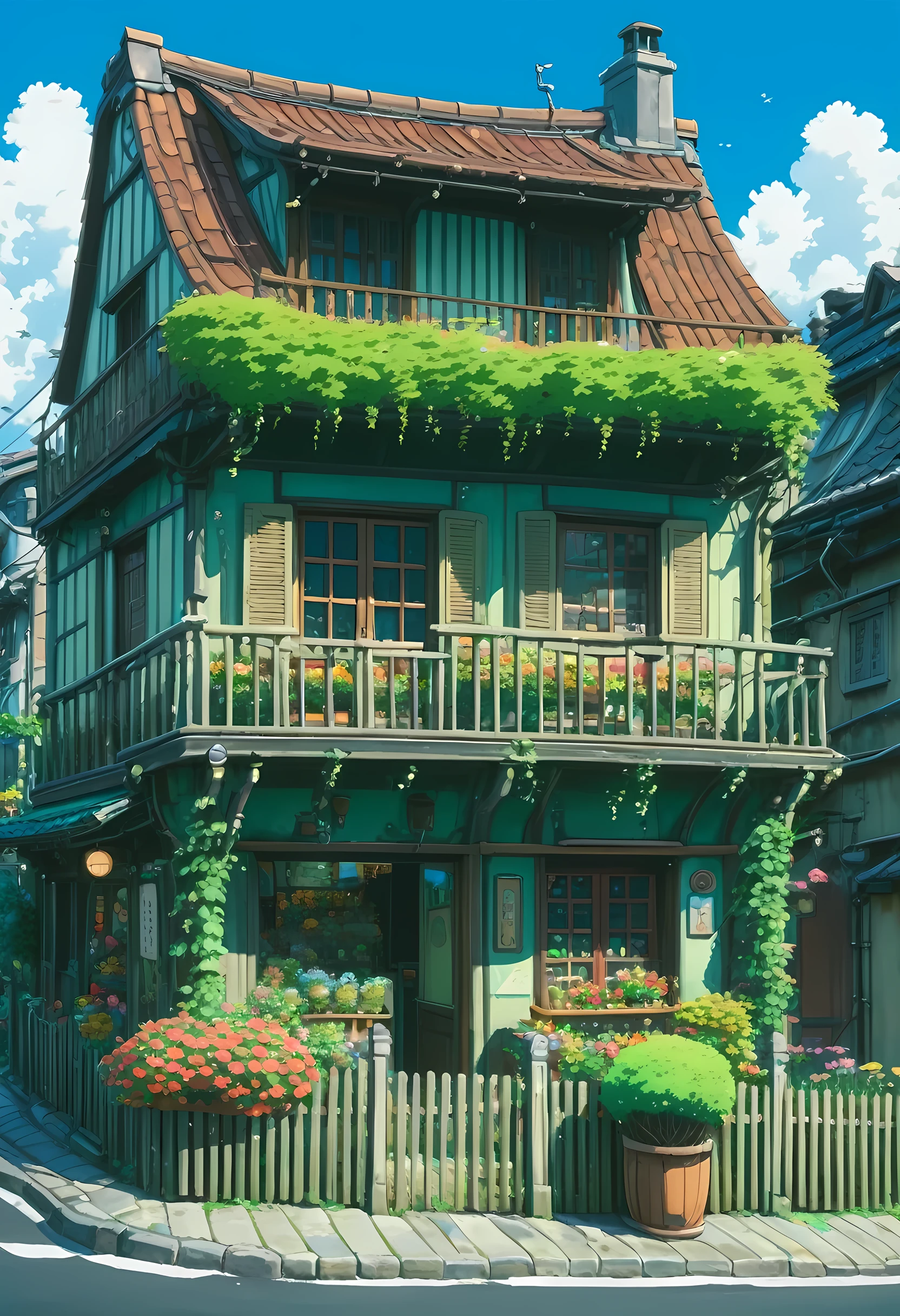 An european styled three story flower shop with a railing on the rooftop, the building is among other shops or houses in a japanese like alleys, anime background art, cottagecore!!, ghibli studio style, beautiful anime scenery, anime scenery, anime scenery concept art, studio ghibli environment, idyllic cottage, painted in anime painter studio, ghibli studio anime style, style of studio ghibli