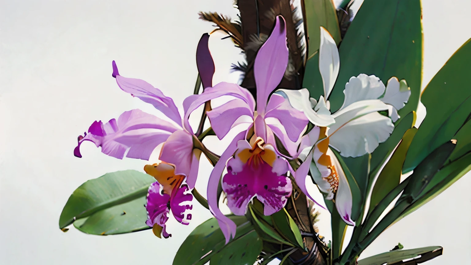 (Cattleya, solo, 3-flowers, semi-alba, close-up, hole body, full blooming, nature, habitat:1.4 )、(木の枝に着生した満開のCattleya:1.4)、(no humans:1.4)、Soft Focus、Blur the background、(highest quality、High resolution、masterpiece)、4K Anime Art、