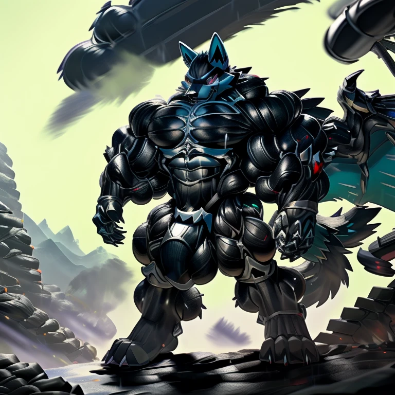 LUCARIO, (gigantic muscles), 8K, Masterpiece, highres, future fiction. Detailed head, Detailed Body, full body, Detailed abs, wearing crNanosuit, big muscle (pecs, triceps, traps) unusually developed muscular body, body full of huge muscles. showing off muscles, pectorales enormes. Exaggeratedly huge muscles. Gigachad Muscular, gigantic muscles, Colossal giant NANOSUIT over a battlefield, The claws are sharp, Sharp teeth, Spread wings, have big wings. nj5furry, Animal paws, thunderstorm, rainy weather, lightning, hyper penis (black color), long legs, medieval armor