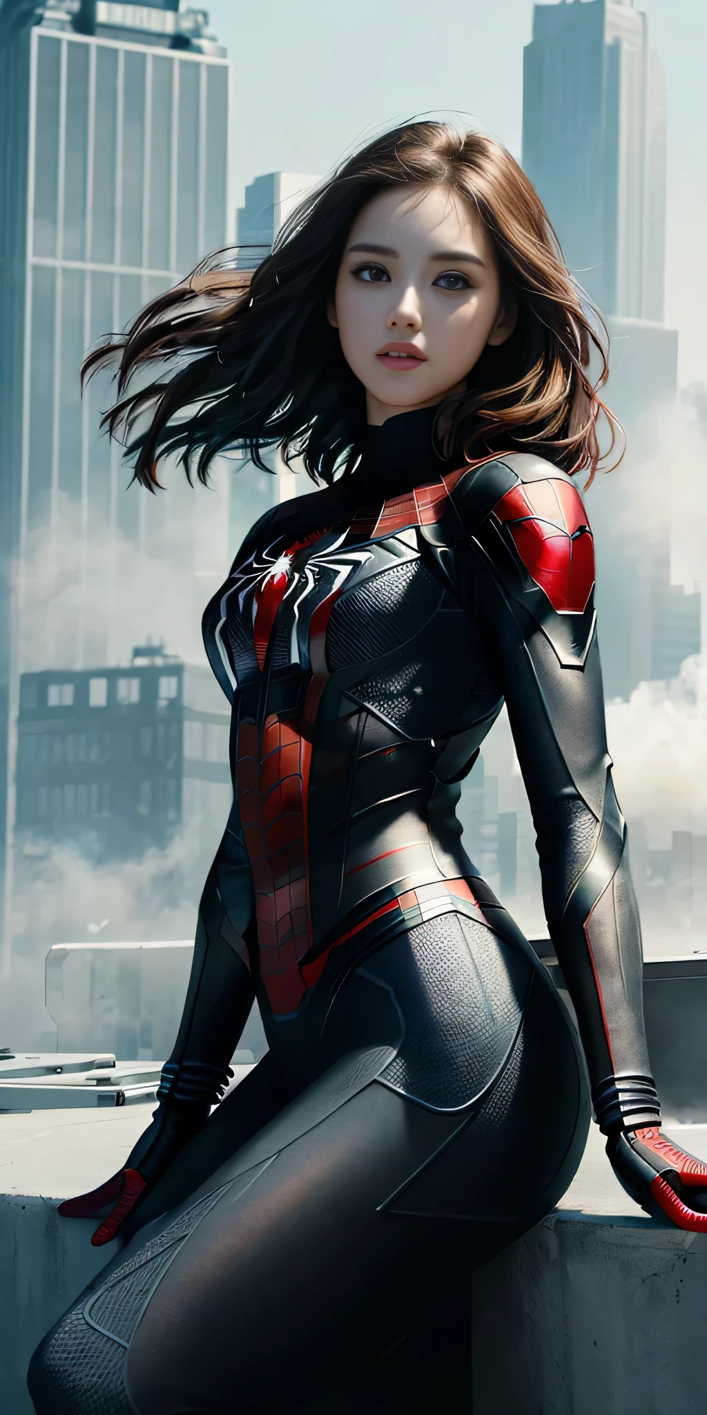 (1girl:1.3), Solo, (((Very detailed face)))), ((Very detailed eyes and face)))), Beautiful detail eyes, Body parts__, Official art, Unified 8k wallpaper, Super detailed, beautiful and beautiful, beautiful, masterpiece, best quality, original, masterpiece, super fine photo, best quality, super high resolution, realistic realism, sunlight, full body portrait, amazing beauty, dynamic pose, delicate face, vibrant eyes, (from the front), She wears Spider-Man suit, red and black color scheme, spider, very detailed city roof background, rooftop, overlooking the city, detailed face, detailed complex busy background, messy, gorgeous, milky white, highly detailed skin, realistic skin details, visible pores, clear focus, volumetric fog, 8k uhd, DSLR, high quality, film grain, fair skin, photo realism, lomography, futuristic dystopian megalopolis, translucent