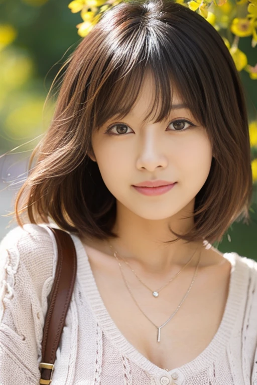 Japanese actress Tsukasa Aoi、cute日本人女性、Big ample breasts、Very short bob hair、Upper body、Face Focus、necklace、Simple Background、cute、Professional Lighting、Photon Mapping、Excellent image quality、High resolution、Exquisite CGI、 Extreme light and shadow、My hair is messy、Rich details、Exquisite facial features、Spring Clothes、Spring-like scenery、Cherry-colored knit
