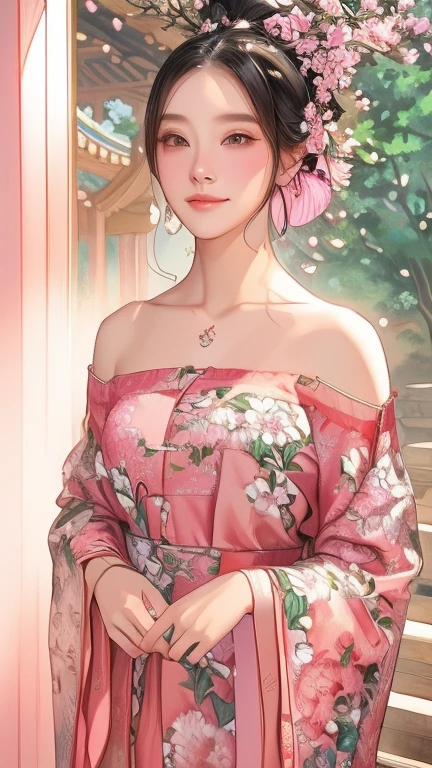 Ancient Chinese beauties、Willow leaf eyebrows、Ancient Chinese pink off-the-shoulder dress、smiling、Bare neck、Flowing Cape、Bun with hairpin、Flower Hairpin、bracelet、Traditional Chinese Painting、Western painting、Waterconk、Popular at cgstation、masterpiece、highest quality、32K