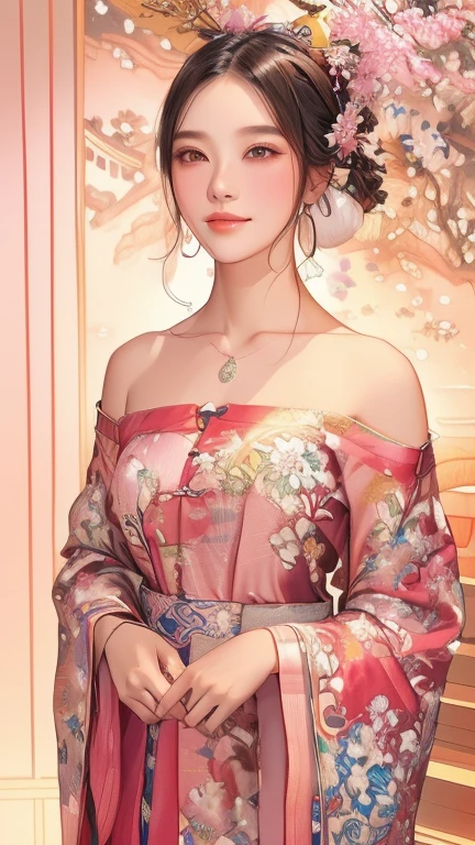 Ancient Chinese beauties、Willow leaf eyebrows、Ancient Chinese pink off-the-shoulder dress、smiling、Bare neck、Flowing Cape、Bun with hairpin、Flower Hairpin、bracelet、Traditional Chinese Painting、Western painting、Waterconk、Popular at cgstation、masterpiece、highest quality、32K