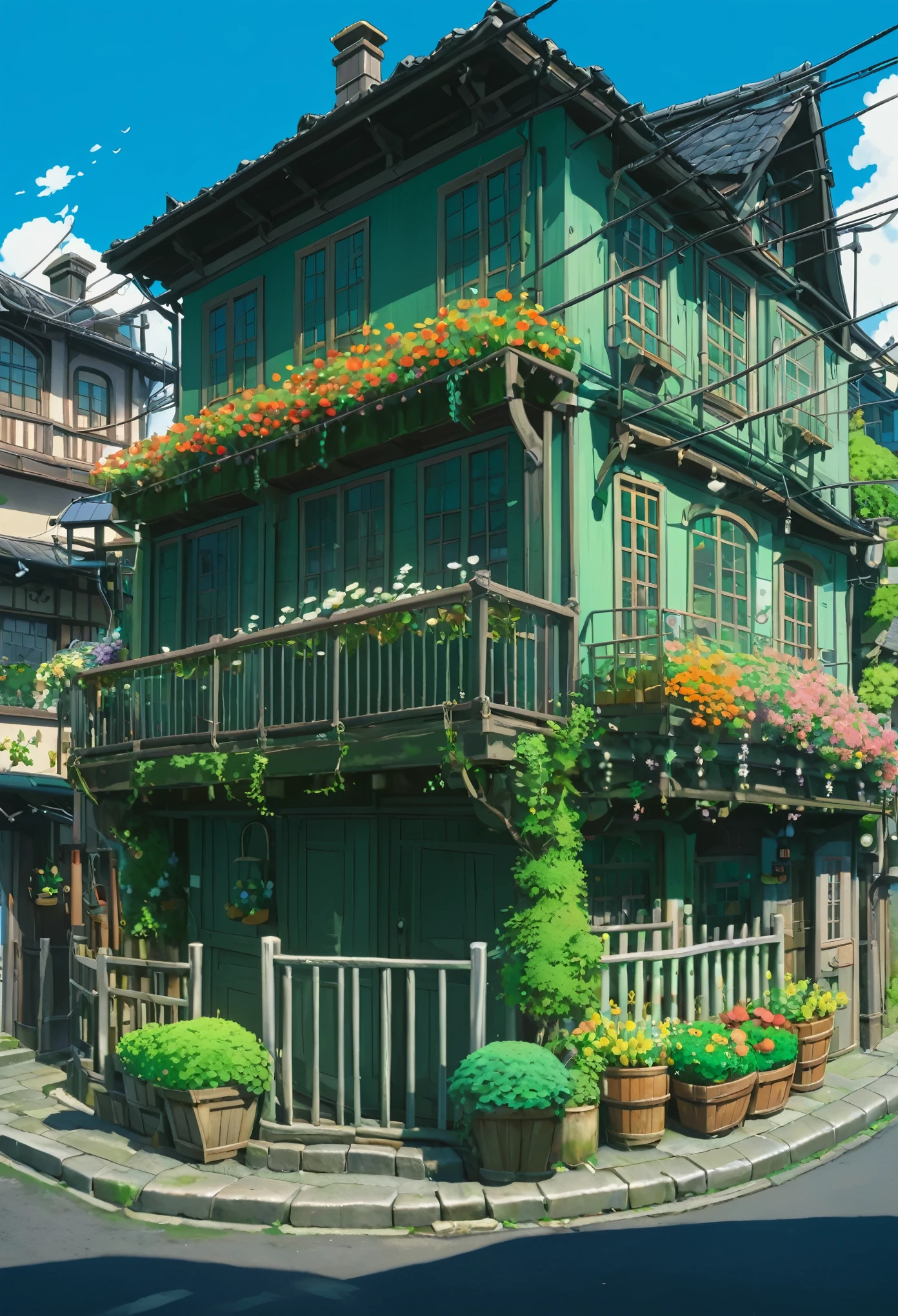 An european styled three story flower shop with a railing on the rooftop, the building is among other shops or houses in a japanese like alleys, anime background art, cottagecore!!, ghibli studio style, beautiful anime scenery, anime scenery, anime scenery concept art, studio ghibli environment, idyllic cottage, painted in anime painter studio, ghibli studio anime style, style of studio ghibli