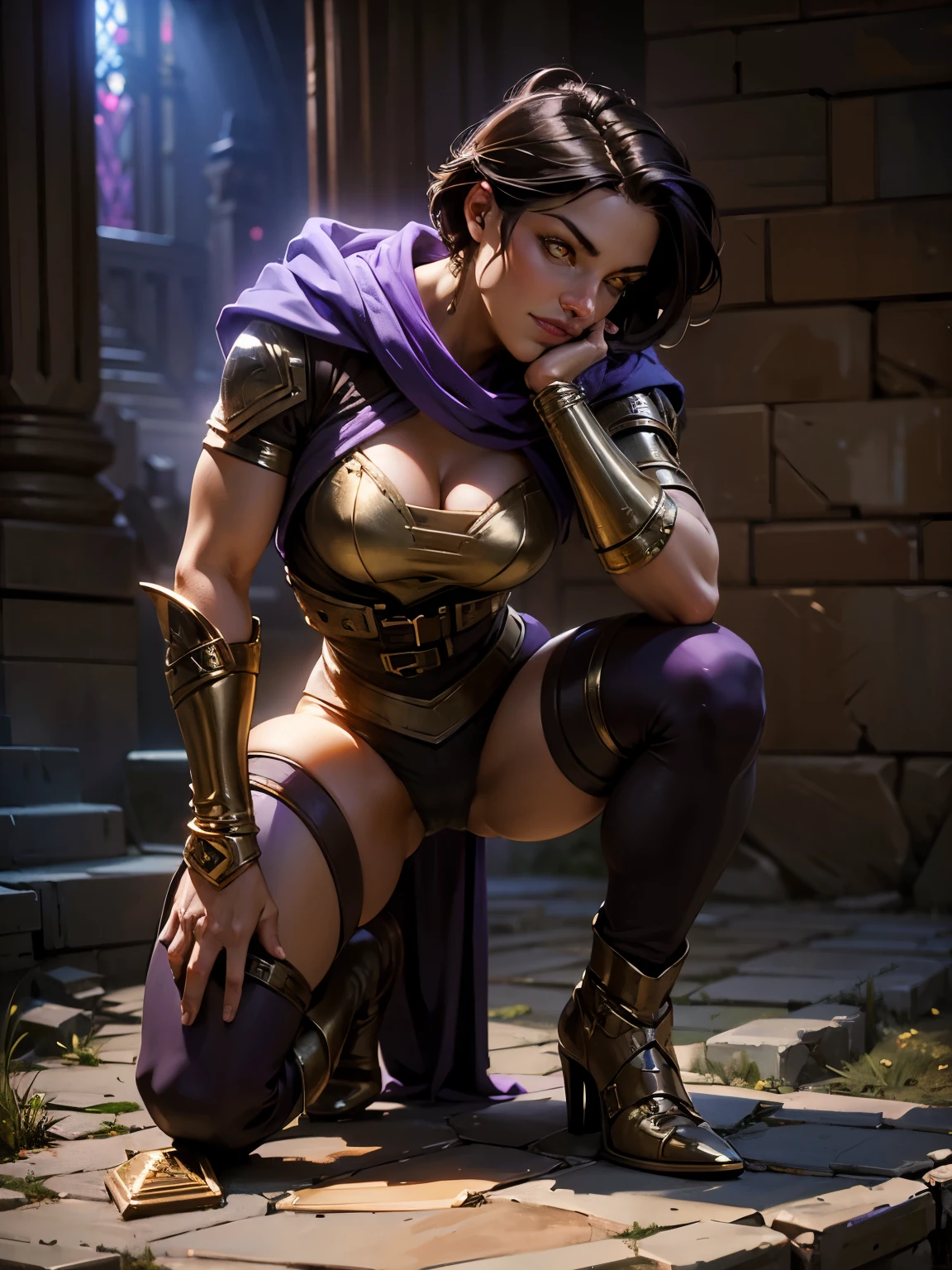 A female ranger wearing brown leathers with a purple hood, detailed gold eyes, ((gold eyes)), yellow iris, short black hair swept back, hair tied back, fantasy ranger, purple hood, intense dangerous expression and smile. Detailed hands. ((Detailed eyes. Detailed face)). vibrant colors., high quality, high resolution, masterpiece, (High resolution), (high quality), (sharp focus), (best quality), cleavage. Show her in a dynamic action pose, castle ruins background, full body shot, profile view. pov from the side.