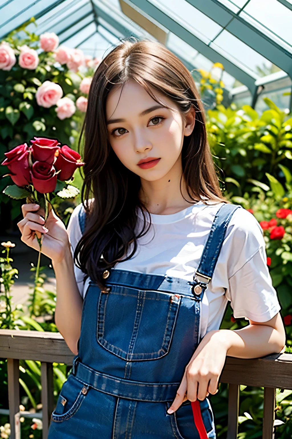 Portrait of a young female gardener wearing overalls in a lush greenhouse with lots of blooming flowers, She is holding a bouquet of roses