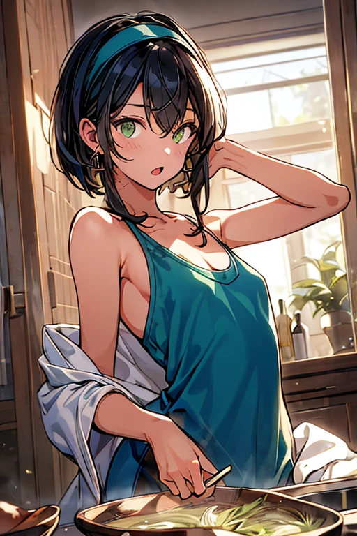 (small breasts:1.3), (perky chest:1.1), (pointed chest:1.0), (fashion magazine cover:1.3)，(from below:1.0),(from side:0.9),masterpiece, 1girl, Amazing Cleavage:1.1, thin waist, big ass, Raised sexy, small breast: 1.3, posed cleavage:1.2、solo, looking at viewer, open mouth, have a cute grass of cute beergrass,black hair, dark green eyes, dress, bare shoulders, jewelry, collarbone, sidelocks, hairband, earrings, indoors, off shoulder, :o, sweater, arms behind back, plant, short hair with long locks, gild hairband, off-shoulder dress, sweater dress, off-shoulder sweater, red sweater, dark gord hair, big side hair, very long side hair,is rendered in (masterpiece: 1.2, best quality), with (ultra high resolution) and an exquisite (depth of field). This masterpiece is not only visually stunning but also tells,A scene of cooking in the kitchen by classroom
